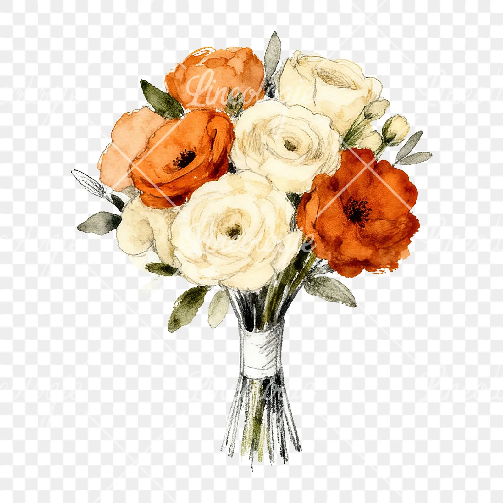 Watercolor burnt orange cream boho wedding bouquet clipart 2 of 9 on a transparent background (PNG)