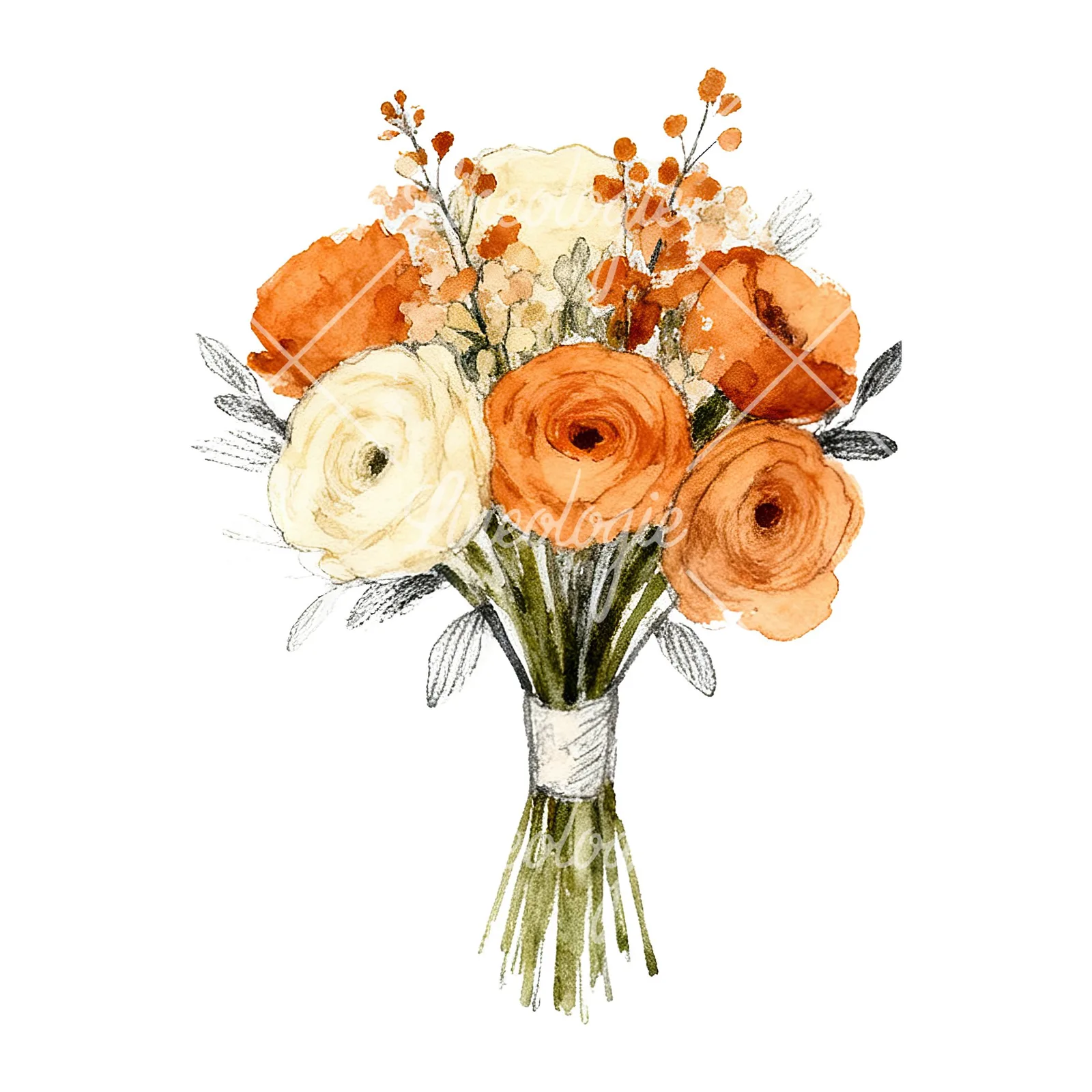 Watercolor burnt orange cream boho wedding bouquet clipart 3 of 9 on a white background (JPG)