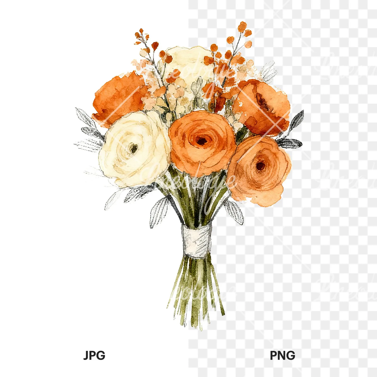 Watercolor burnt orange cream boho wedding bouquet clipart 3 of 9, as a JPG on white and a transparent PNG