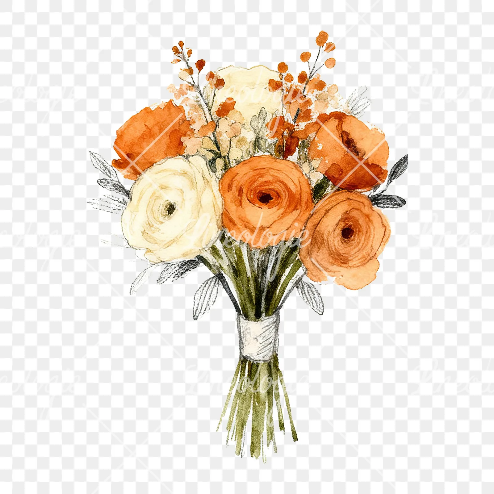 Watercolor burnt orange cream boho wedding bouquet clipart 3 of 9 on a transparent background (PNG)