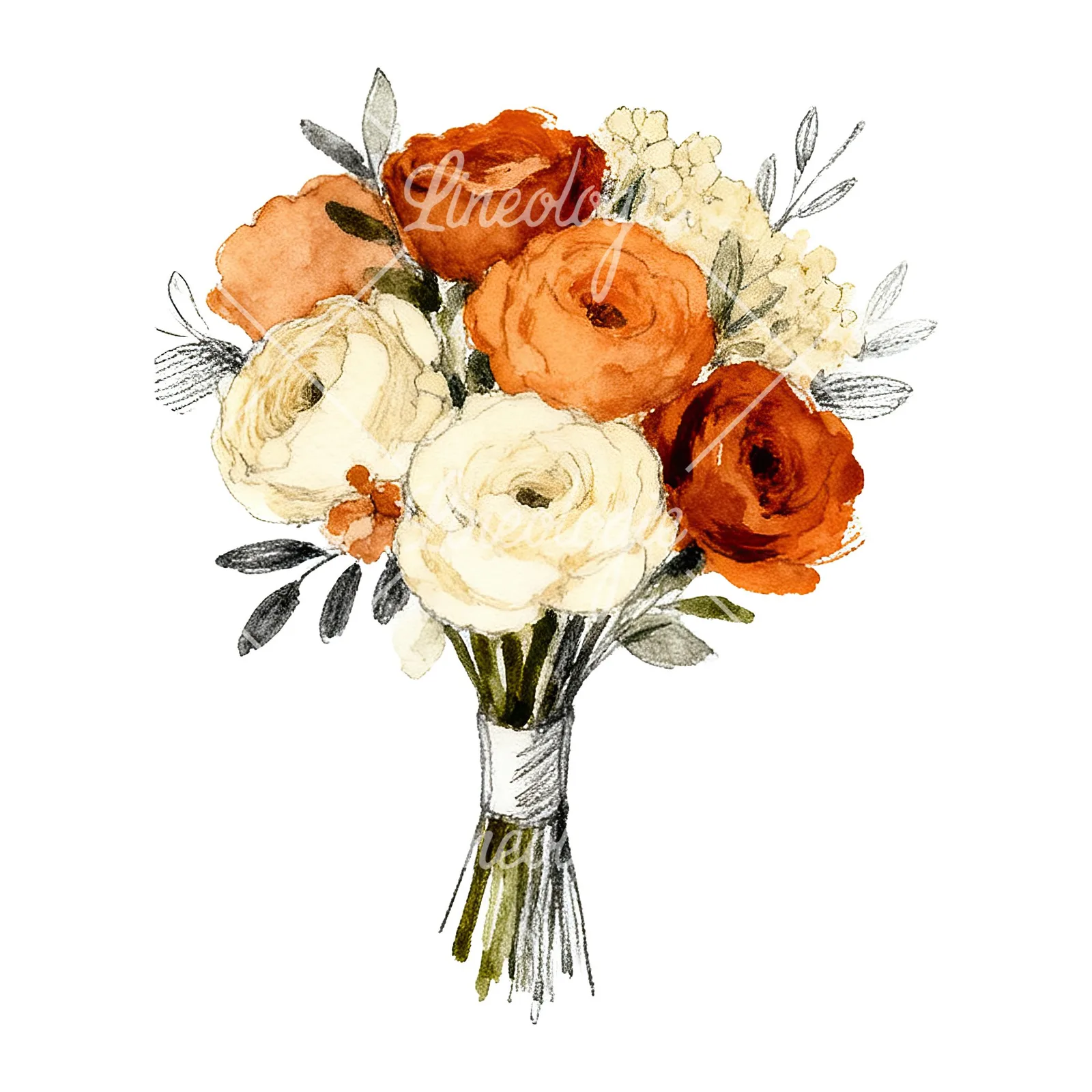 Watercolor burnt orange cream boho wedding bouquet clipart 4 of 9 on a white background (JPG)