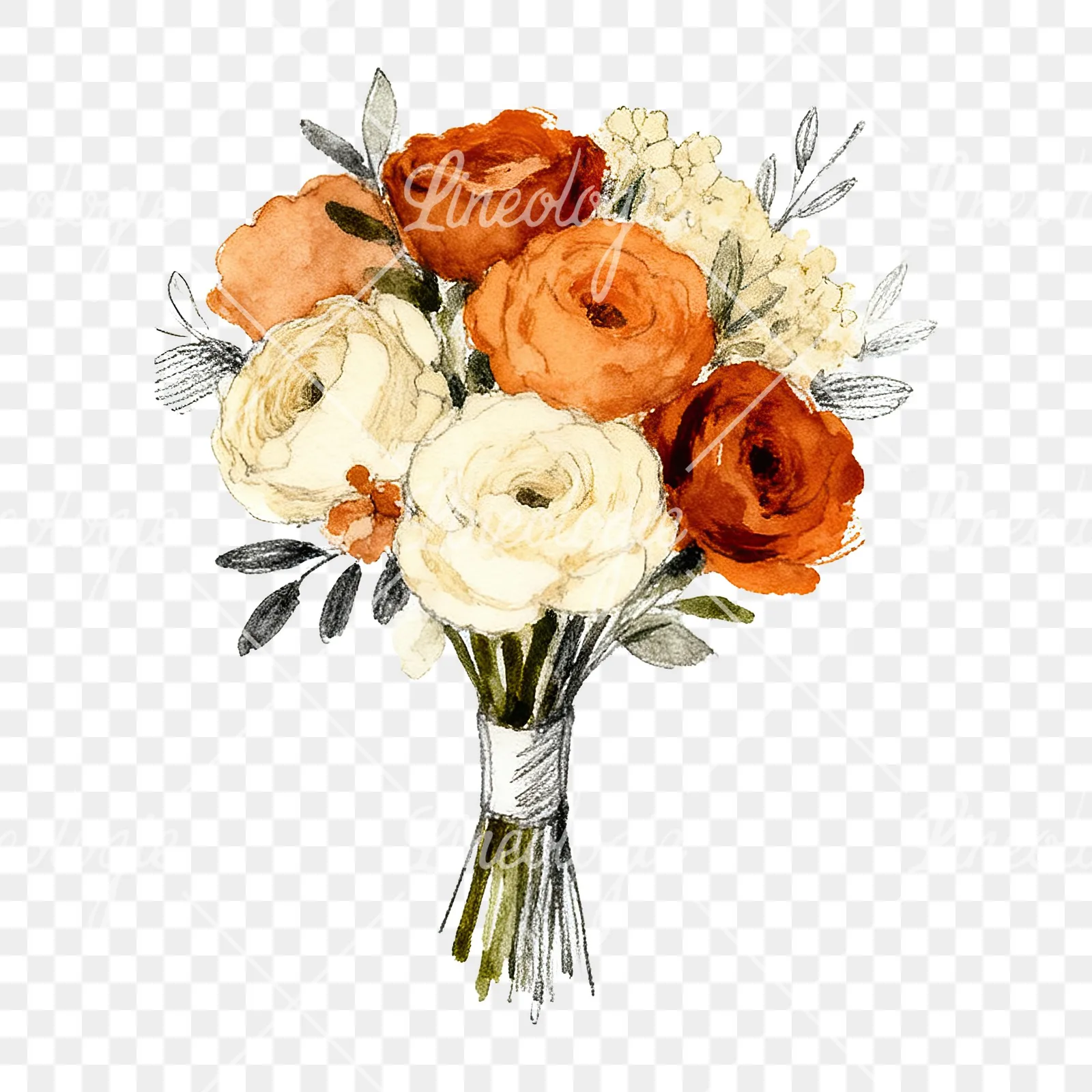 Watercolor burnt orange cream boho wedding bouquet clipart 4 of 9 on a transparent background (PNG)