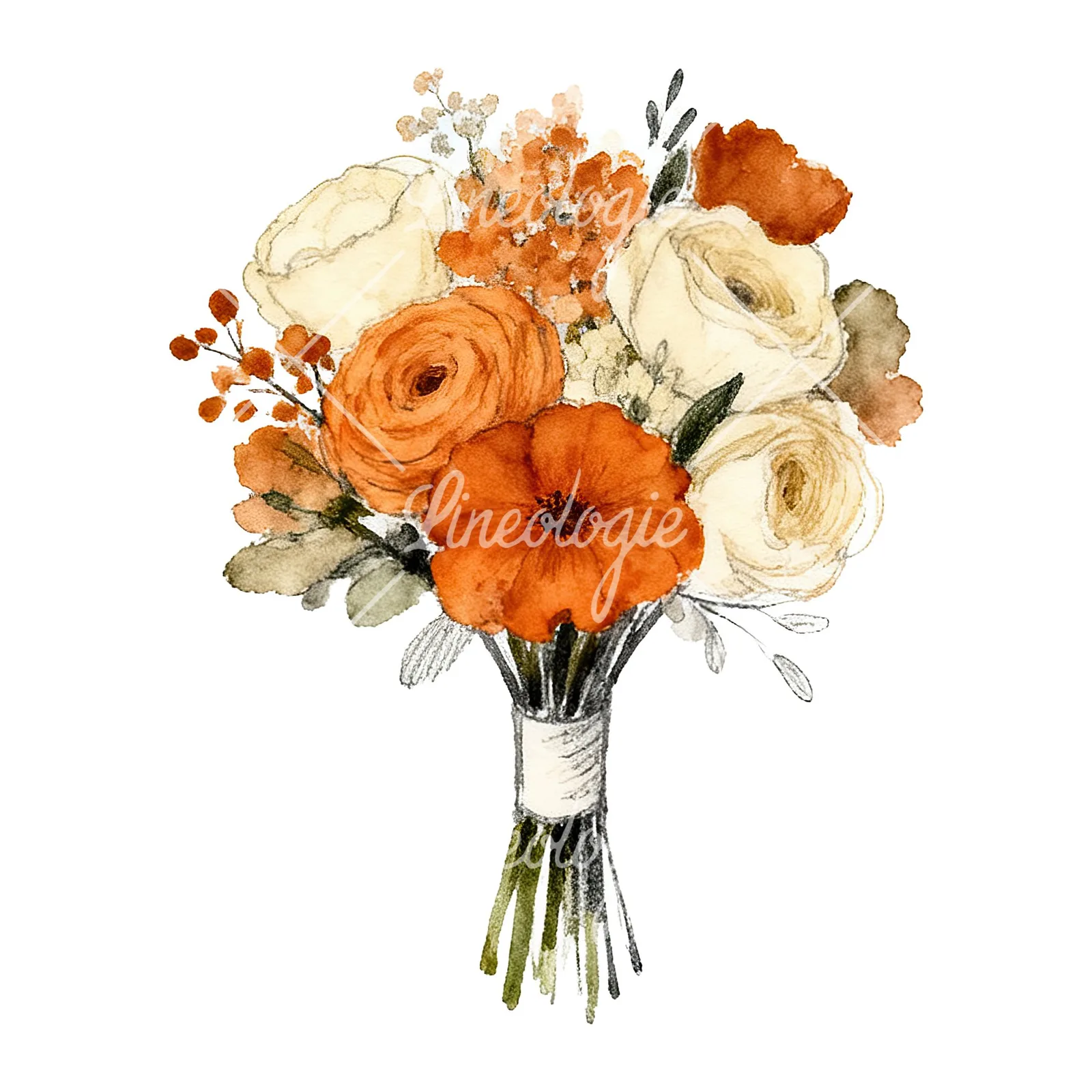 Watercolor burnt orange cream boho wedding bouquet clipart 5 of 9 on a white background (JPG)