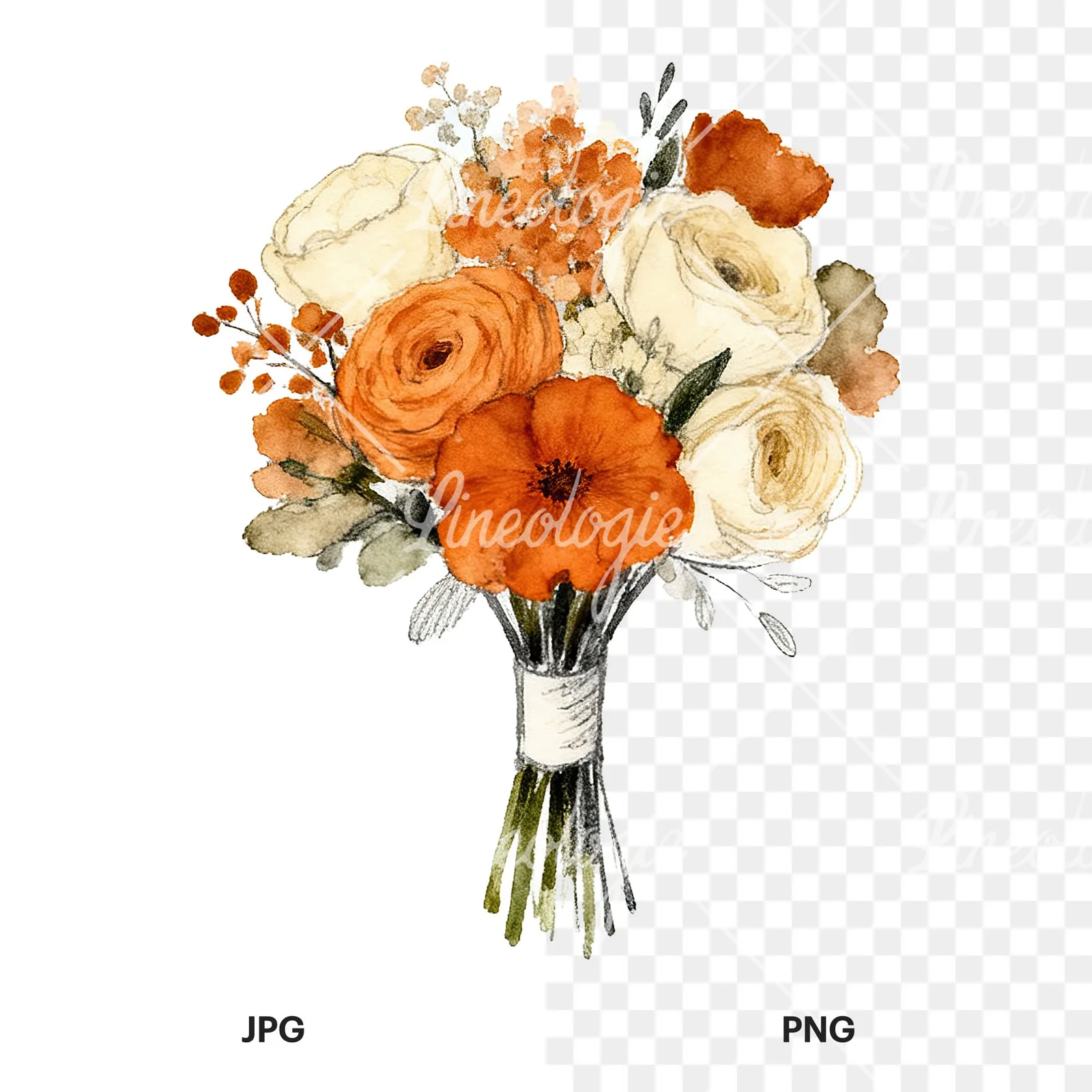 Watercolor burnt orange cream boho wedding bouquet clipart 5 of 9, as a JPG on white and a transparent PNG