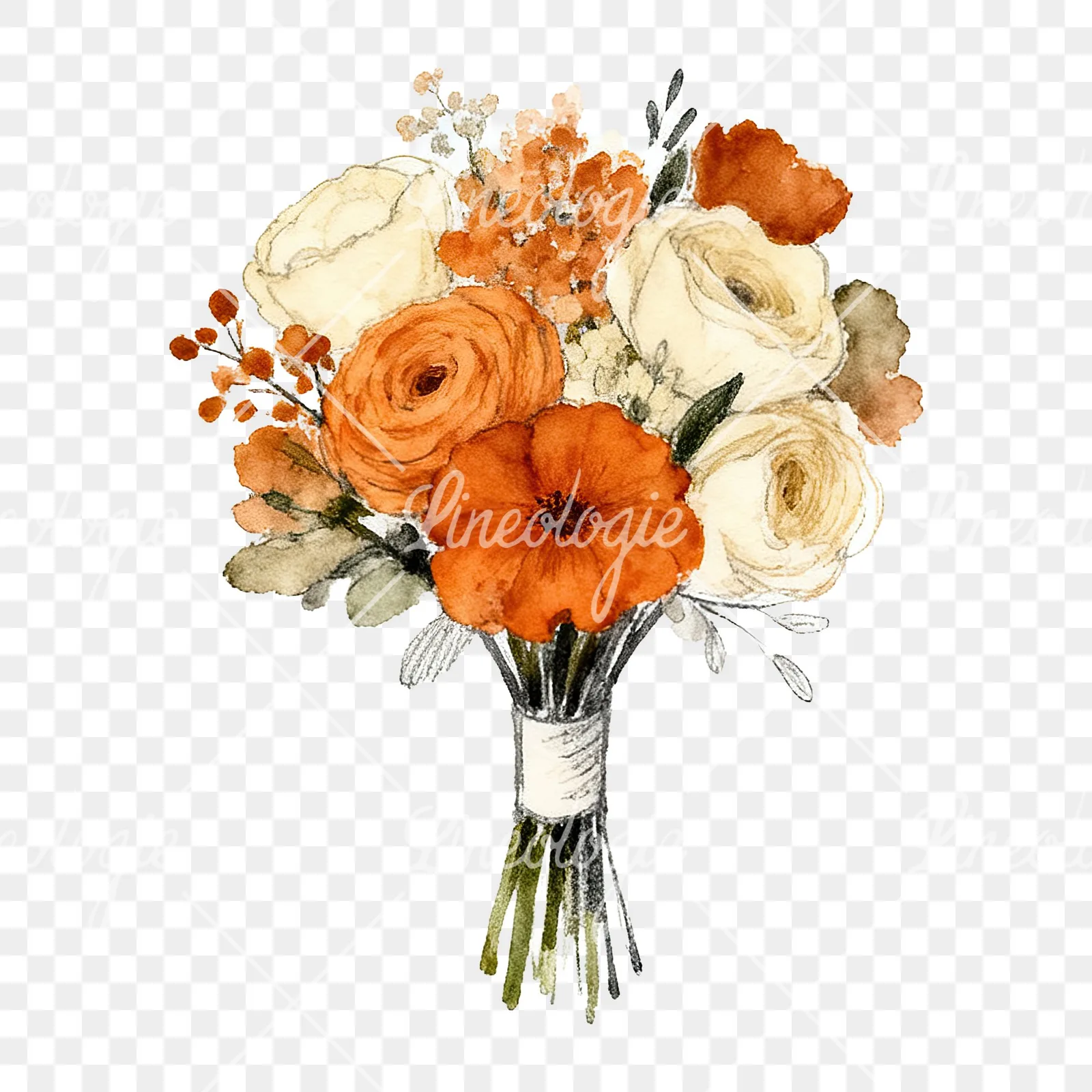 Watercolor burnt orange cream boho wedding bouquet clipart 5 of 9 on a transparent background (PNG)