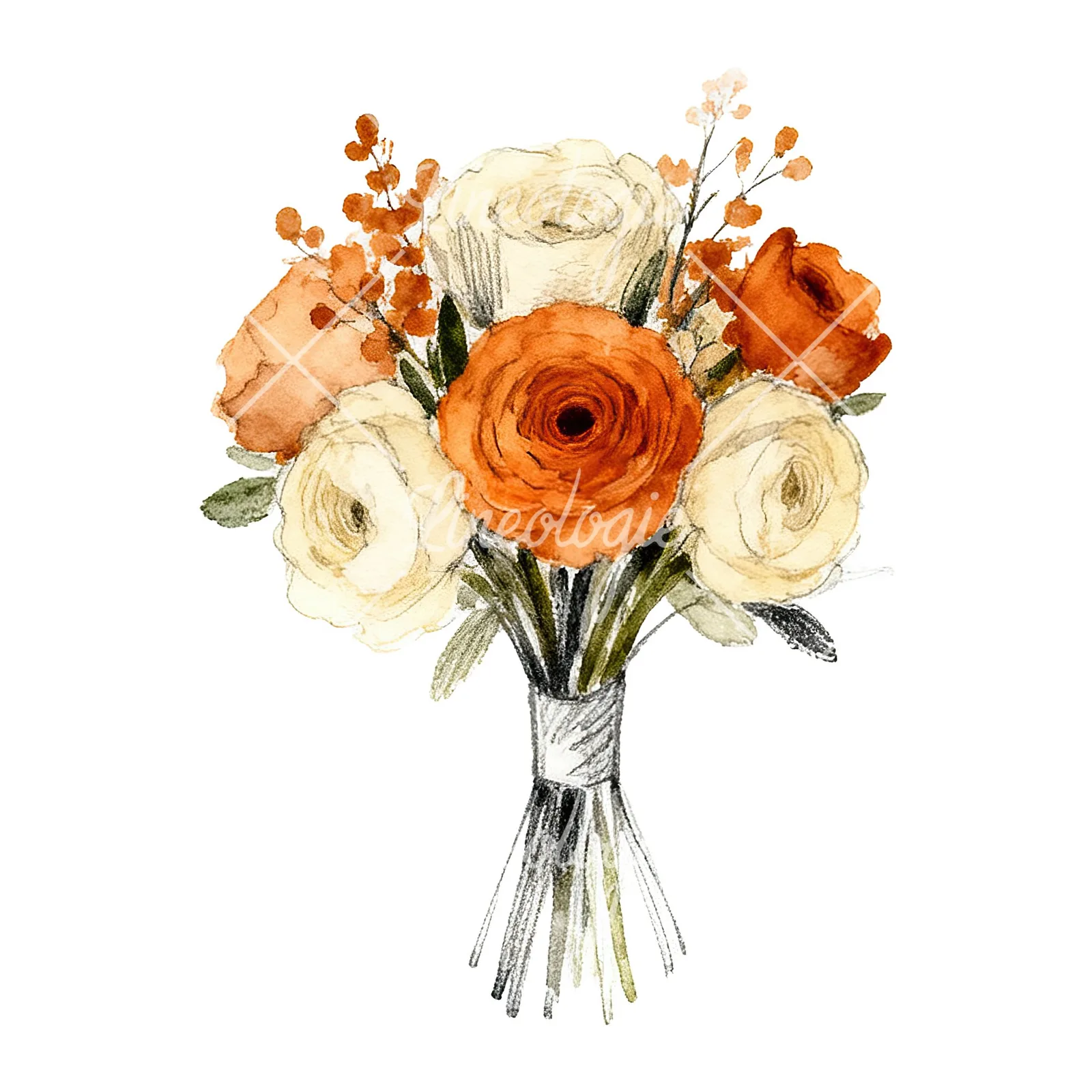 Watercolor burnt orange cream boho wedding bouquet clipart 6 of 9 on a white background (JPG)