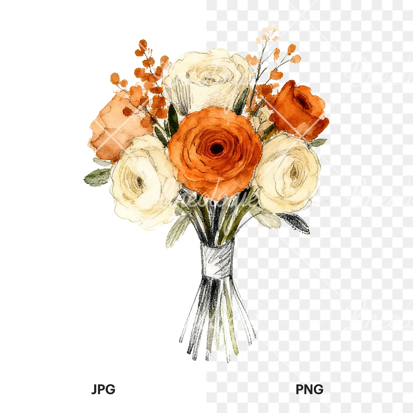 Watercolor burnt orange cream boho wedding bouquet clipart 6 of 9, as a JPG on white and a transparent PNG