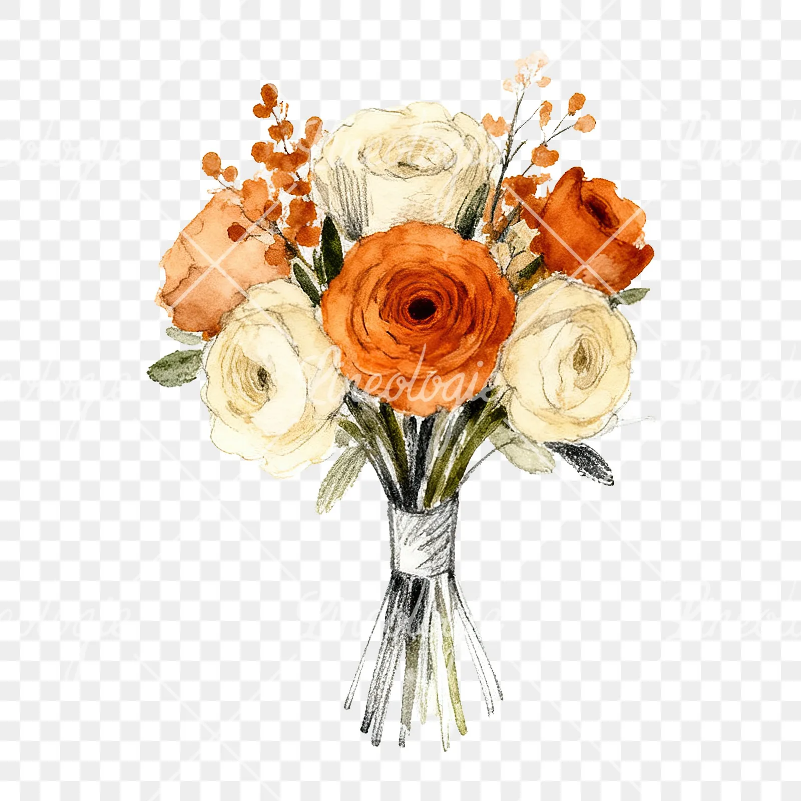 Watercolor burnt orange cream boho wedding bouquet clipart 6 of 9 on a transparent background (PNG)