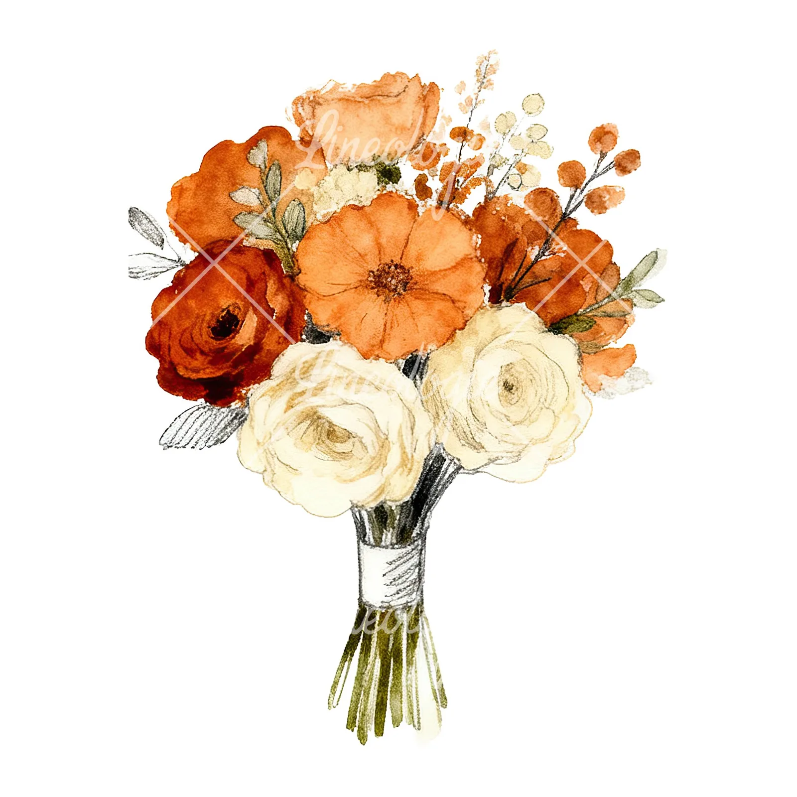 Watercolor burnt orange cream boho wedding bouquet clipart 7 of 9 on a white background (JPG)