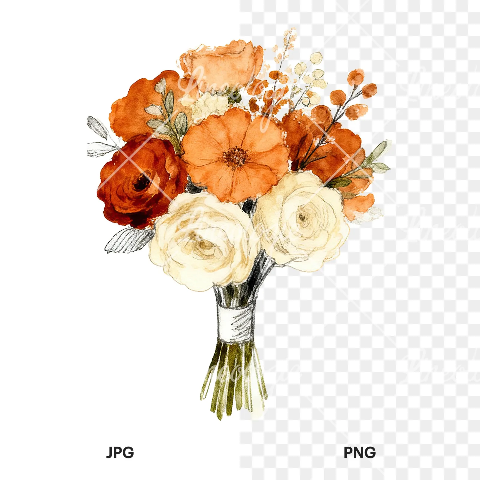 Watercolor burnt orange cream boho wedding bouquet clipart 7 of 9, as a JPG on white and a transparent PNG