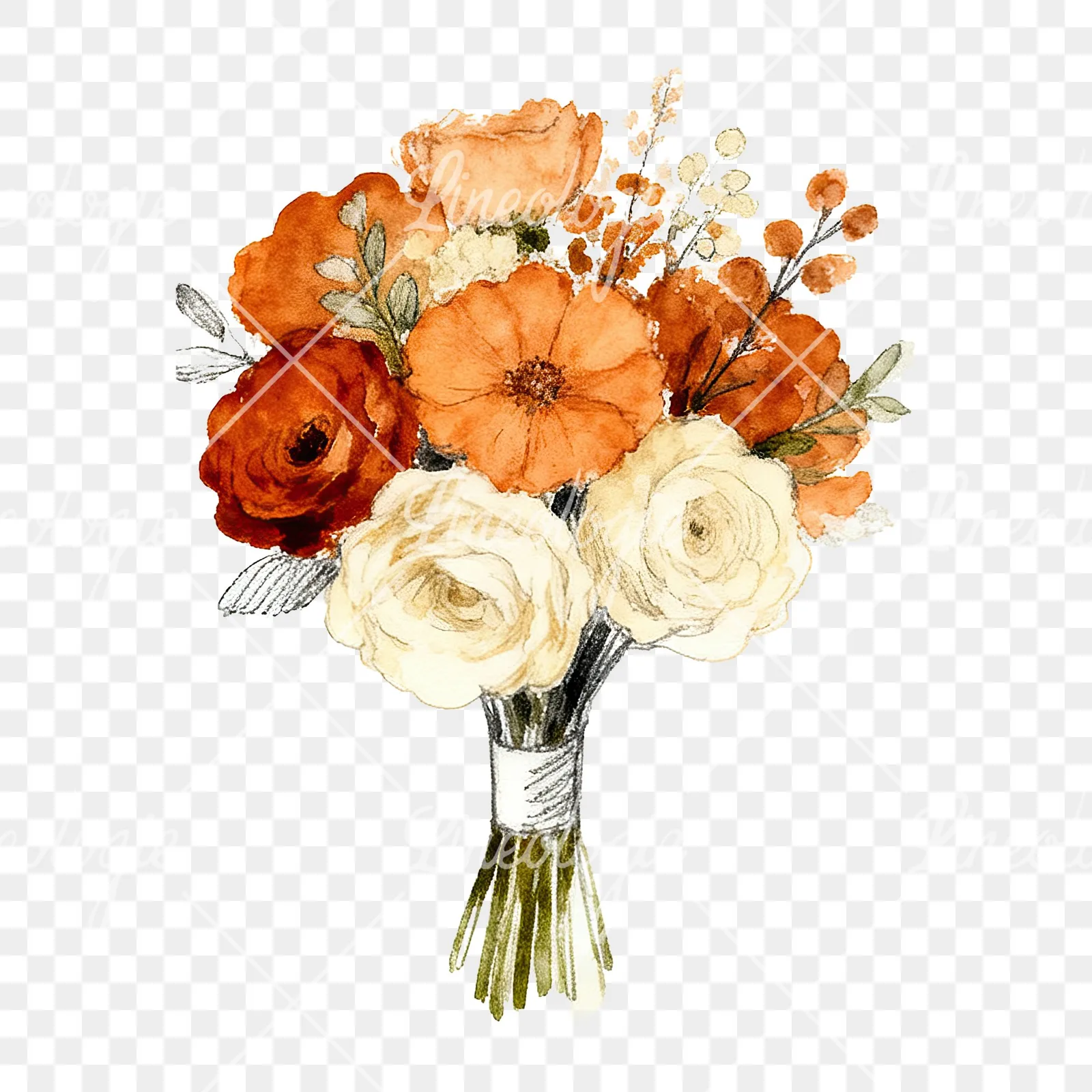 Watercolor burnt orange cream boho wedding bouquet clipart 7 of 9 on a transparent background (PNG)