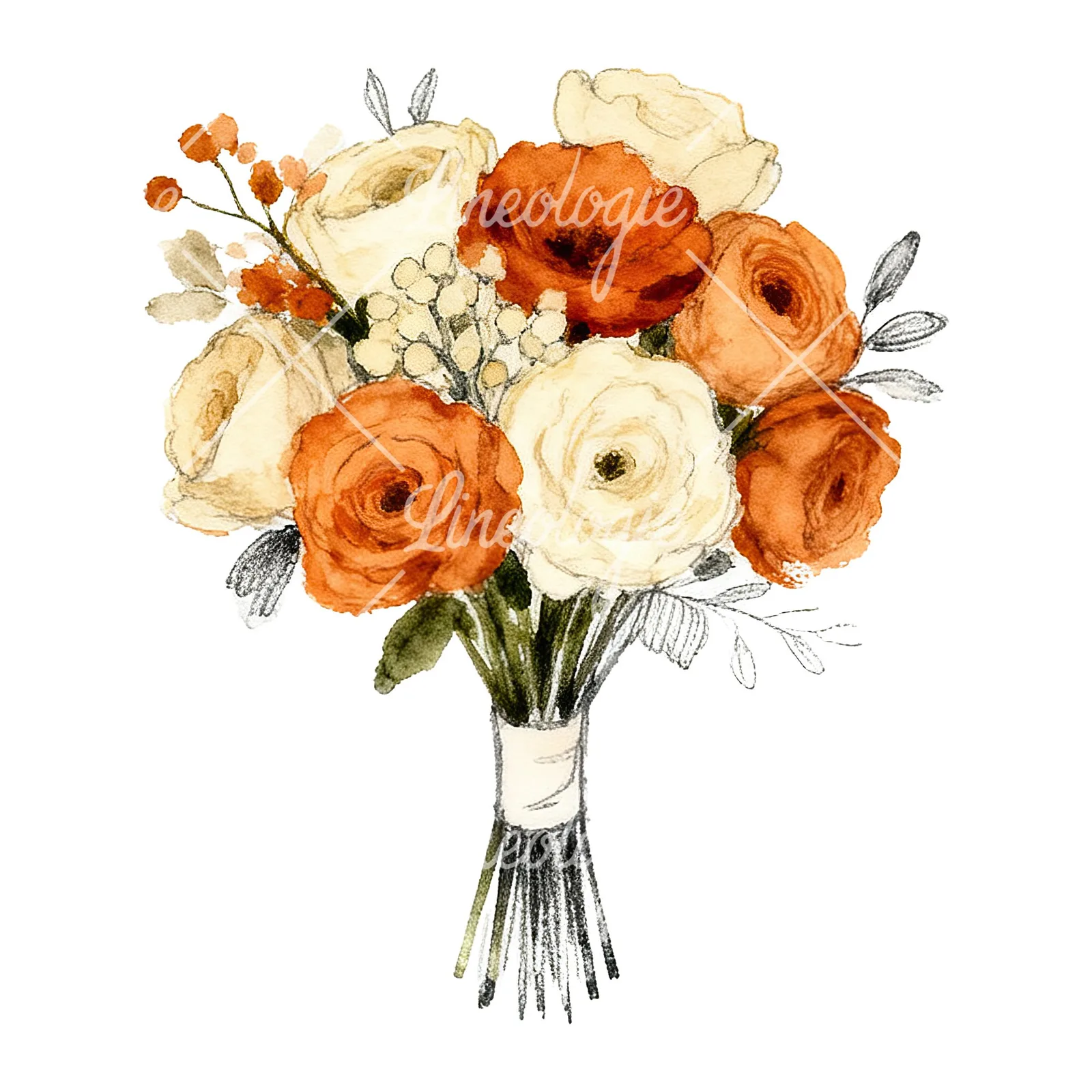 Watercolor burnt orange cream boho wedding bouquet clipart 8 of 9 on a white background (JPG)