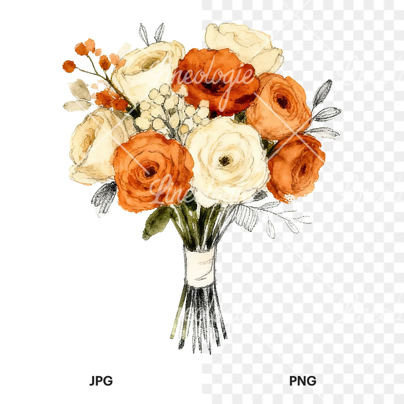 Watercolor burnt orange cream boho wedding bouquet clipart 8 of 9, as a JPG on white and a transparent PNG