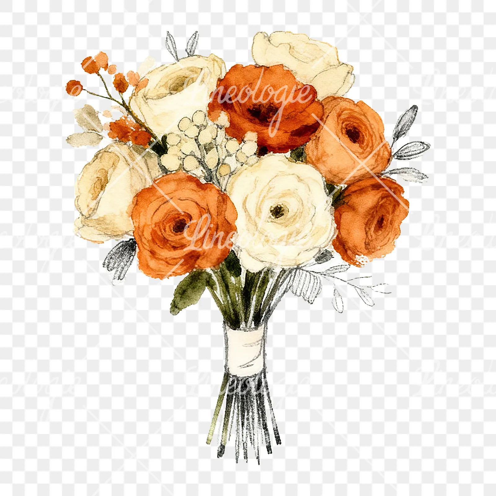 Watercolor burnt orange cream boho wedding bouquet clipart 8 of 9 on a transparent background (PNG)
