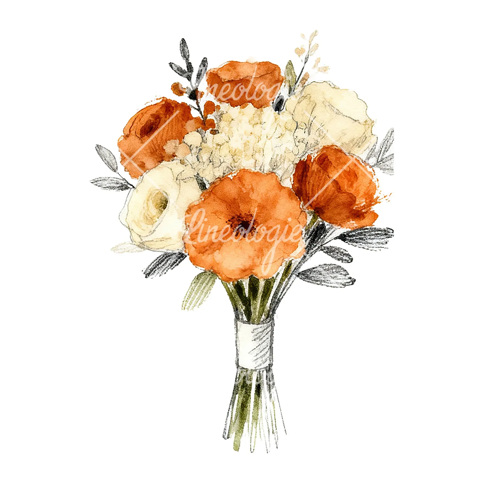 Watercolor burnt orange cream boho wedding bouquet clipart 9 of 9 on a white background (JPG)