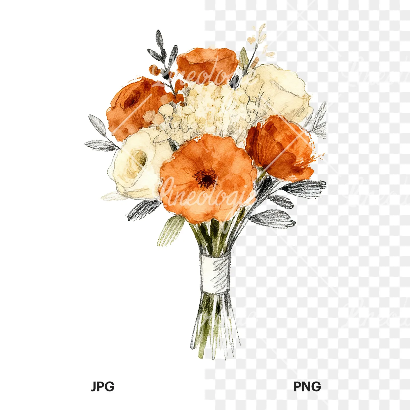 Watercolor burnt orange cream boho wedding bouquet clipart 9 of 9, as a JPG on white and a transparent PNG