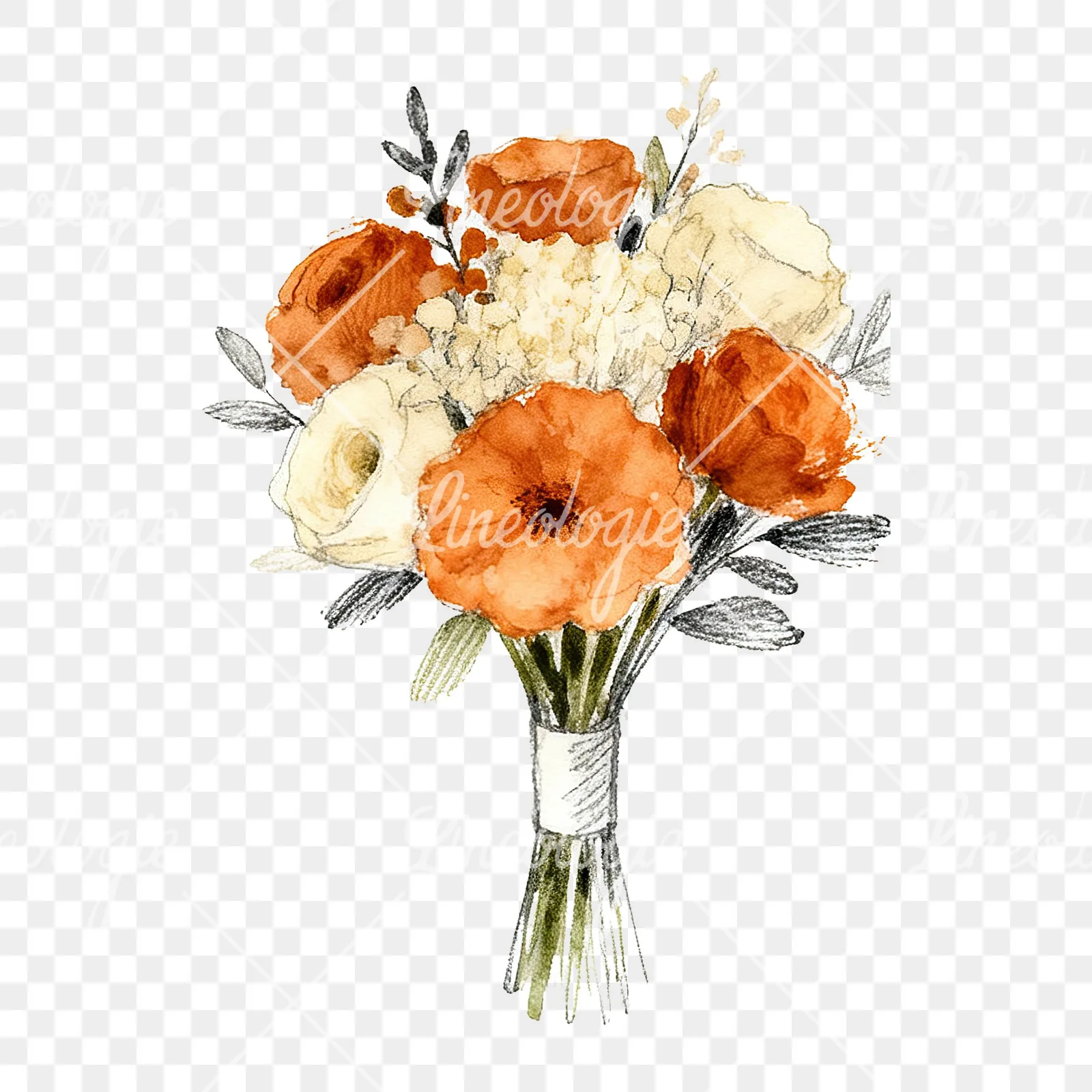 Watercolor burnt orange cream boho wedding bouquet clipart 9 of 9 on a transparent background (PNG)