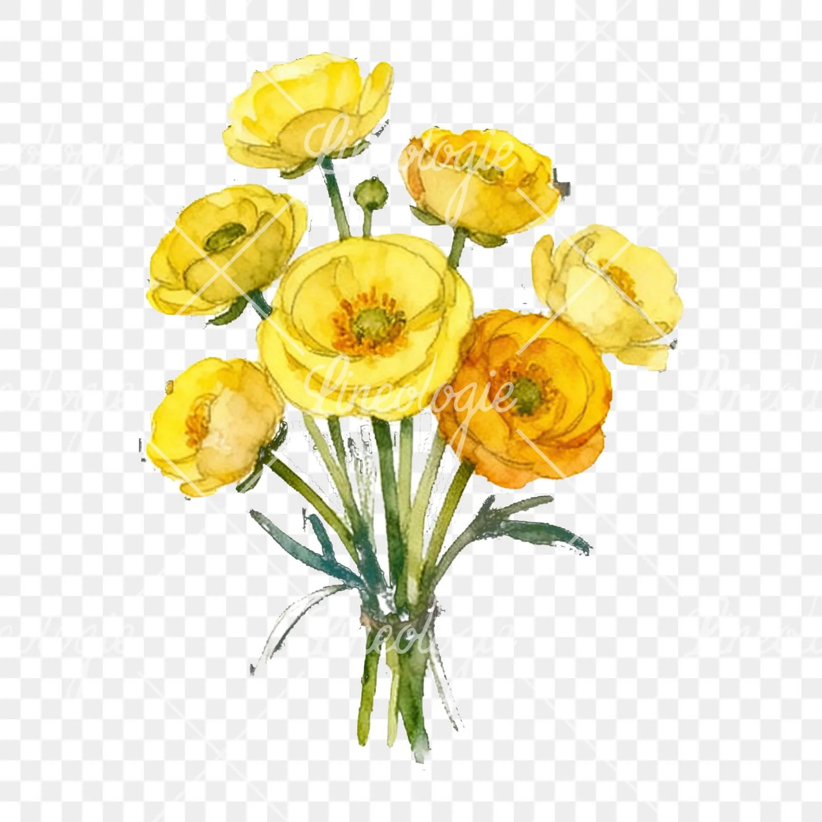 Watercolor yellow buttercup bouquet clipart 1 of 9 on a transparent background (PNG)