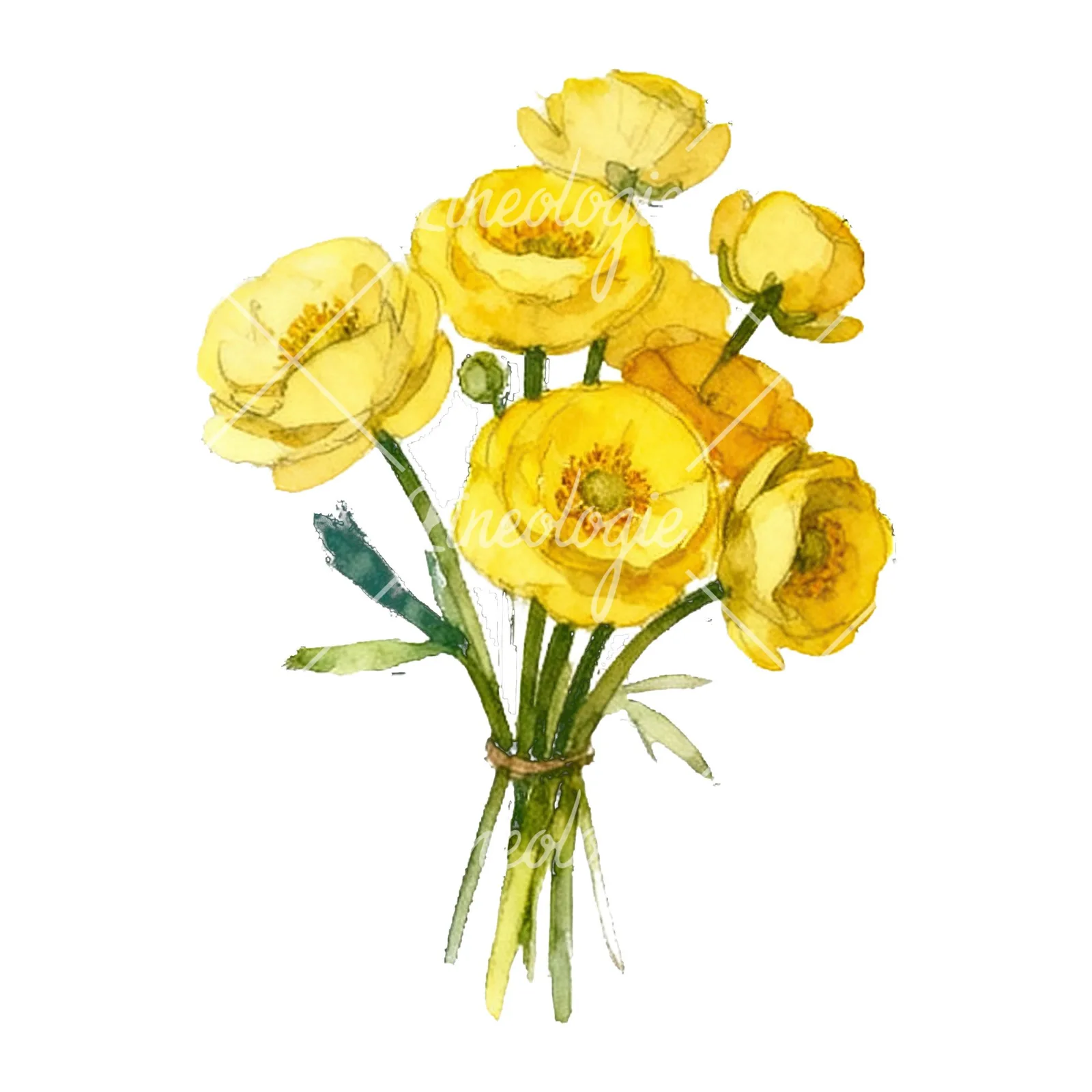 Watercolor yellow buttercup bouquet clipart 2 of 9 on a white background (JPG)