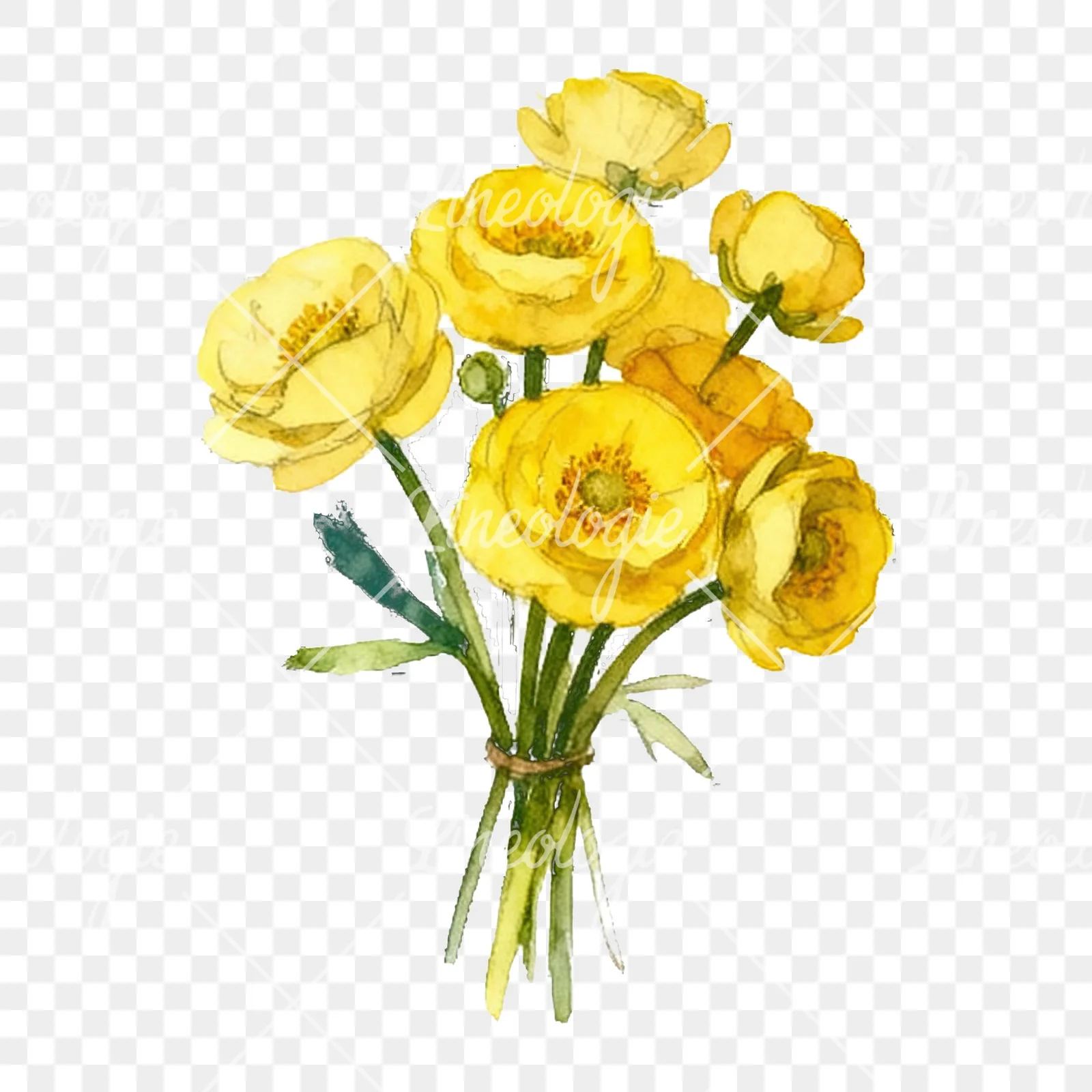 Watercolor yellow buttercup bouquet clipart 2 of 9 on a transparent background (PNG)