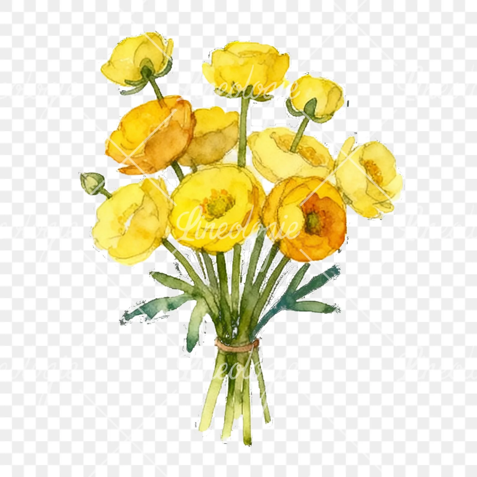 Watercolor yellow buttercup bouquet clipart 3 of 9 on a transparent background (PNG)