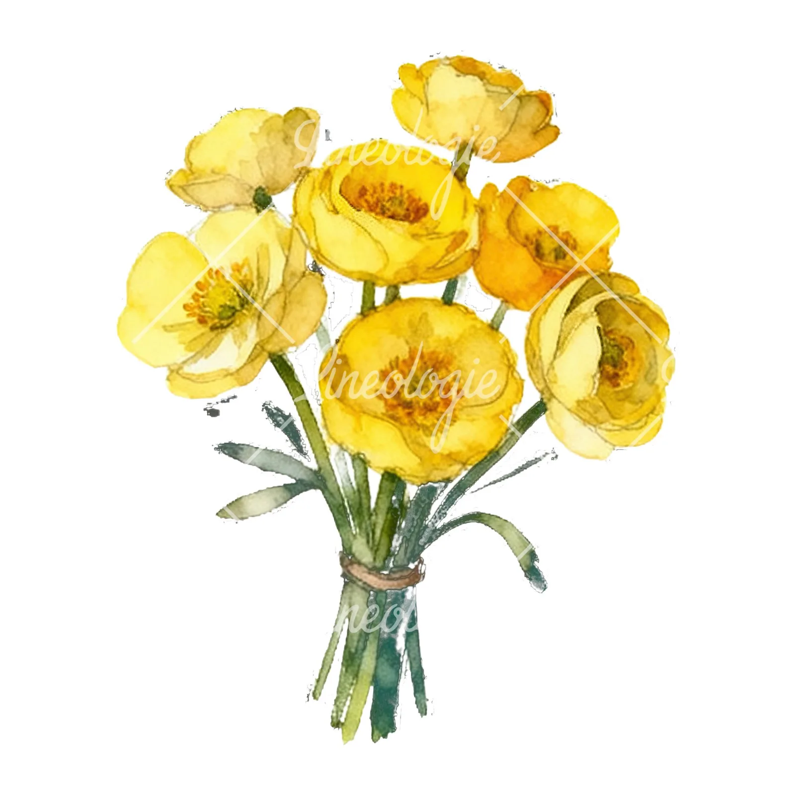 Watercolor yellow buttercup bouquet clipart 4 of 9 on a white background (JPG)