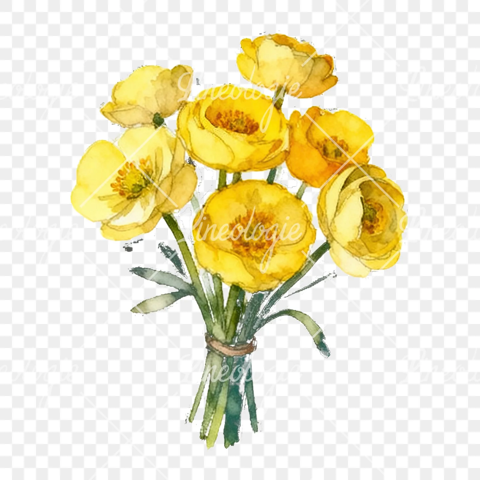 Watercolor yellow buttercup bouquet clipart 4 of 9 on a transparent background (PNG)