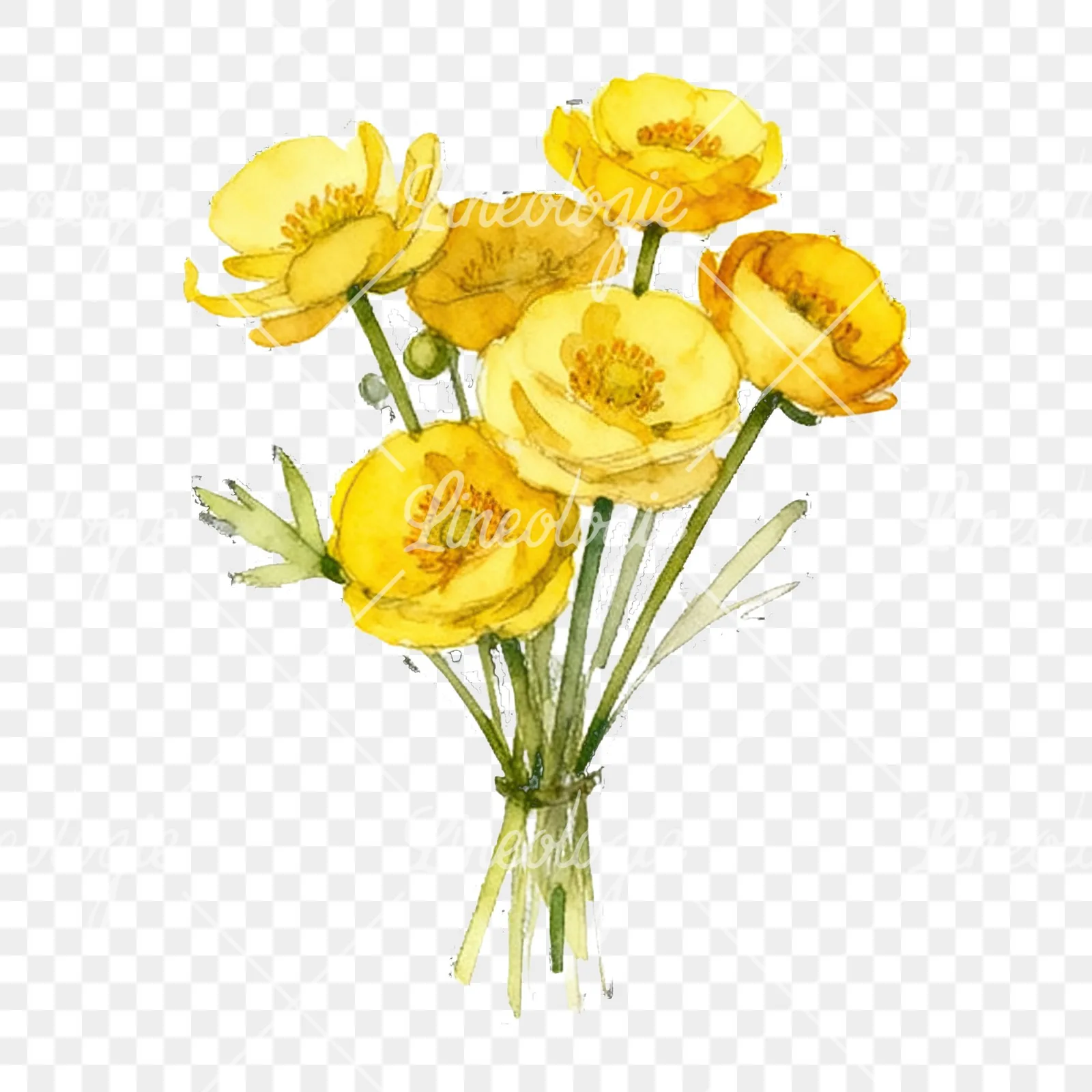 Watercolor yellow buttercup bouquet clipart 5 of 9 on a transparent background (PNG)