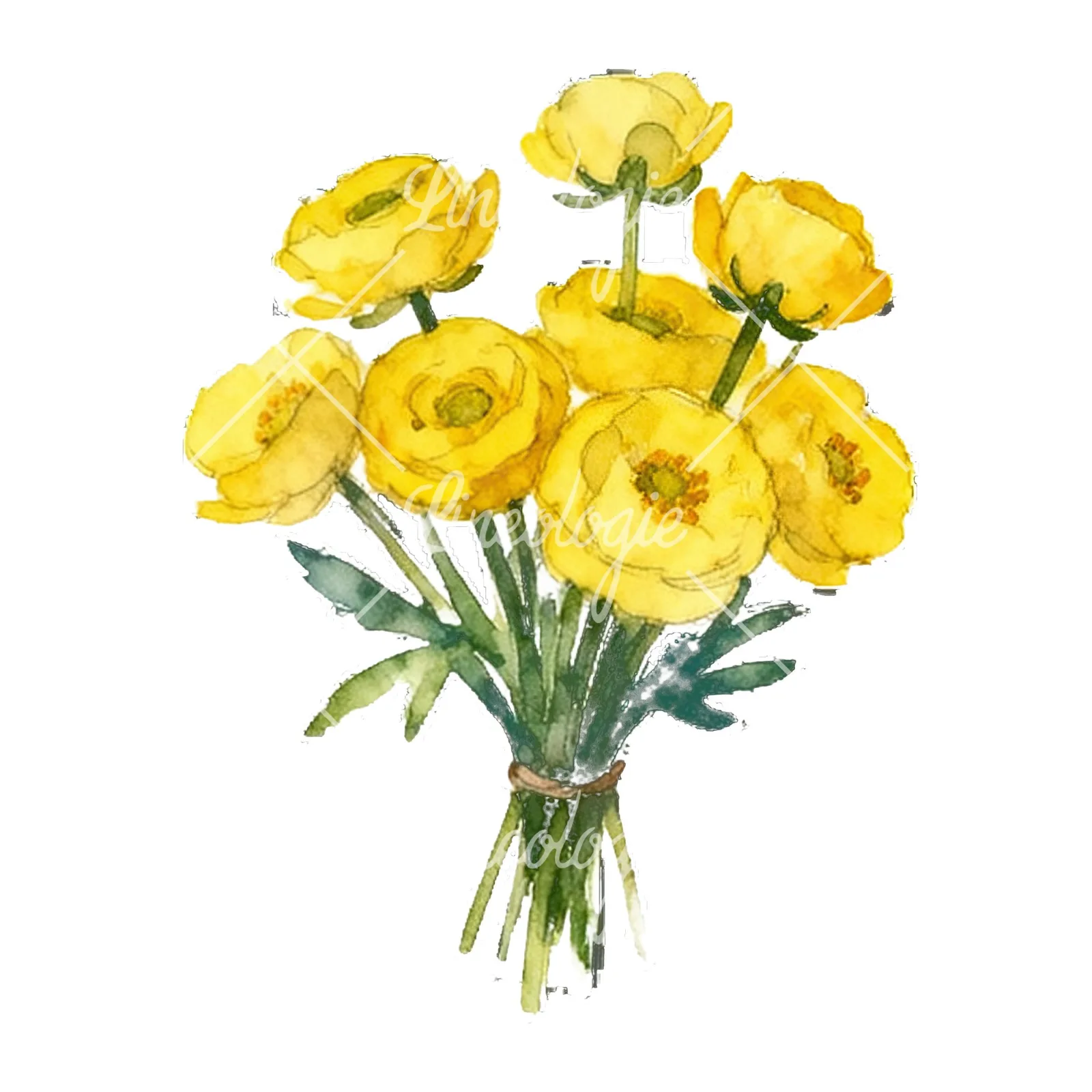 Watercolor yellow buttercup bouquet clipart 6 of 9 on a white background (JPG)