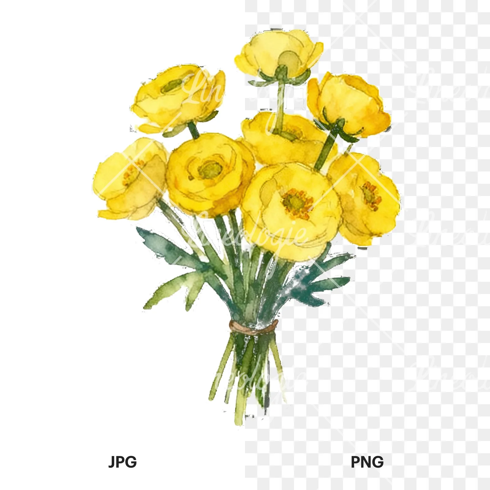 Watercolor yellow buttercup bouquet clipart 6 of 9, as a JPG on white and a transparent PNG