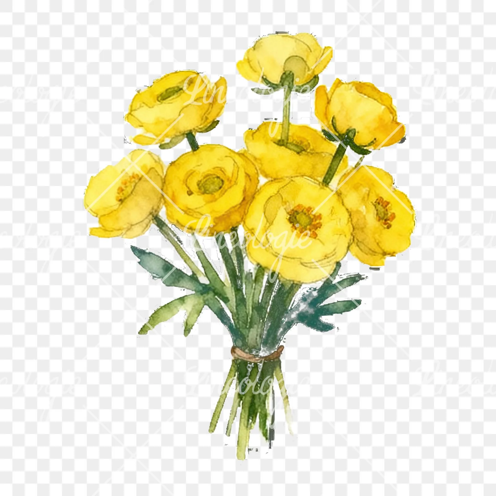 Watercolor yellow buttercup bouquet clipart 6 of 9 on a transparent background (PNG)