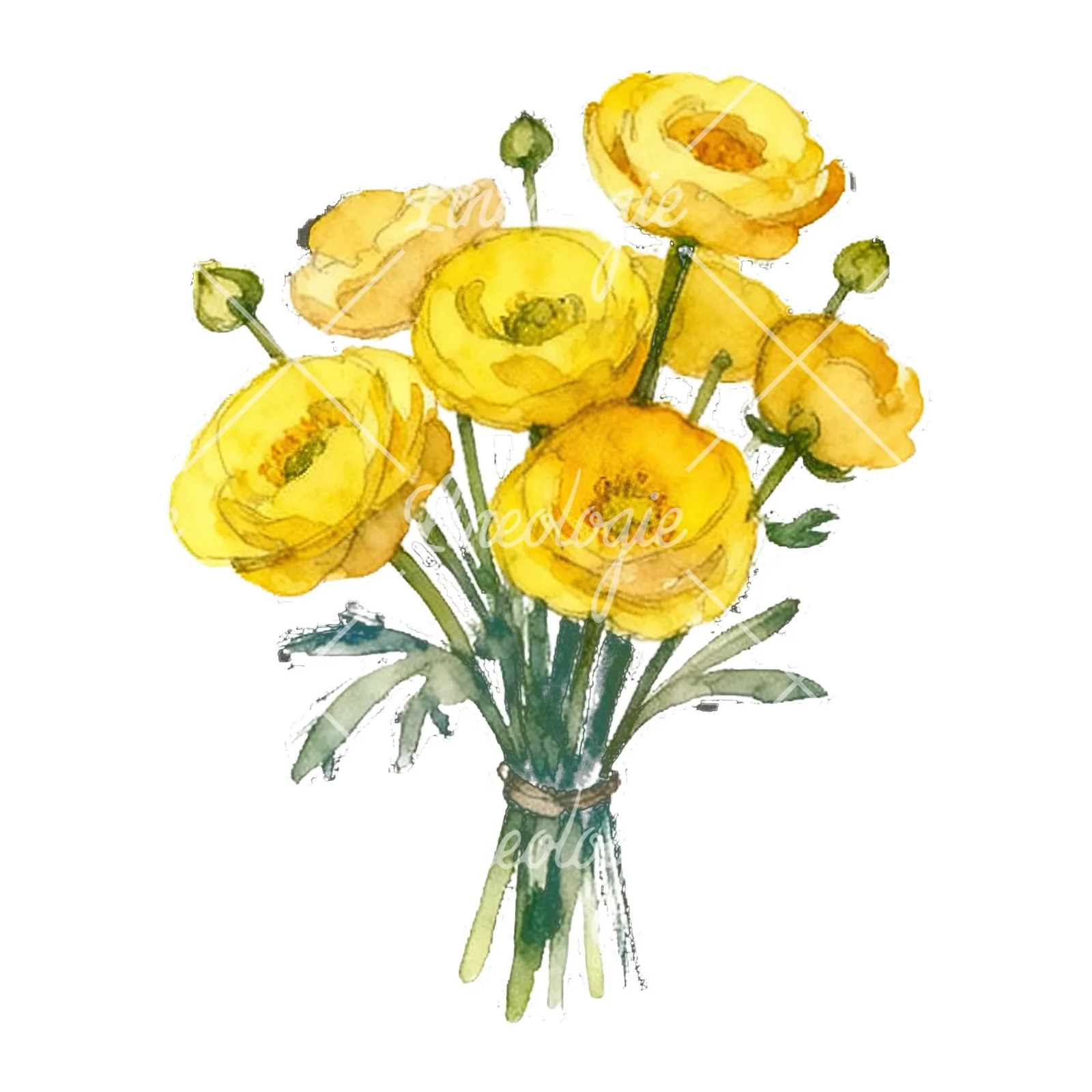 Watercolor yellow buttercup bouquet clipart 7 of 9 on a white background (JPG)