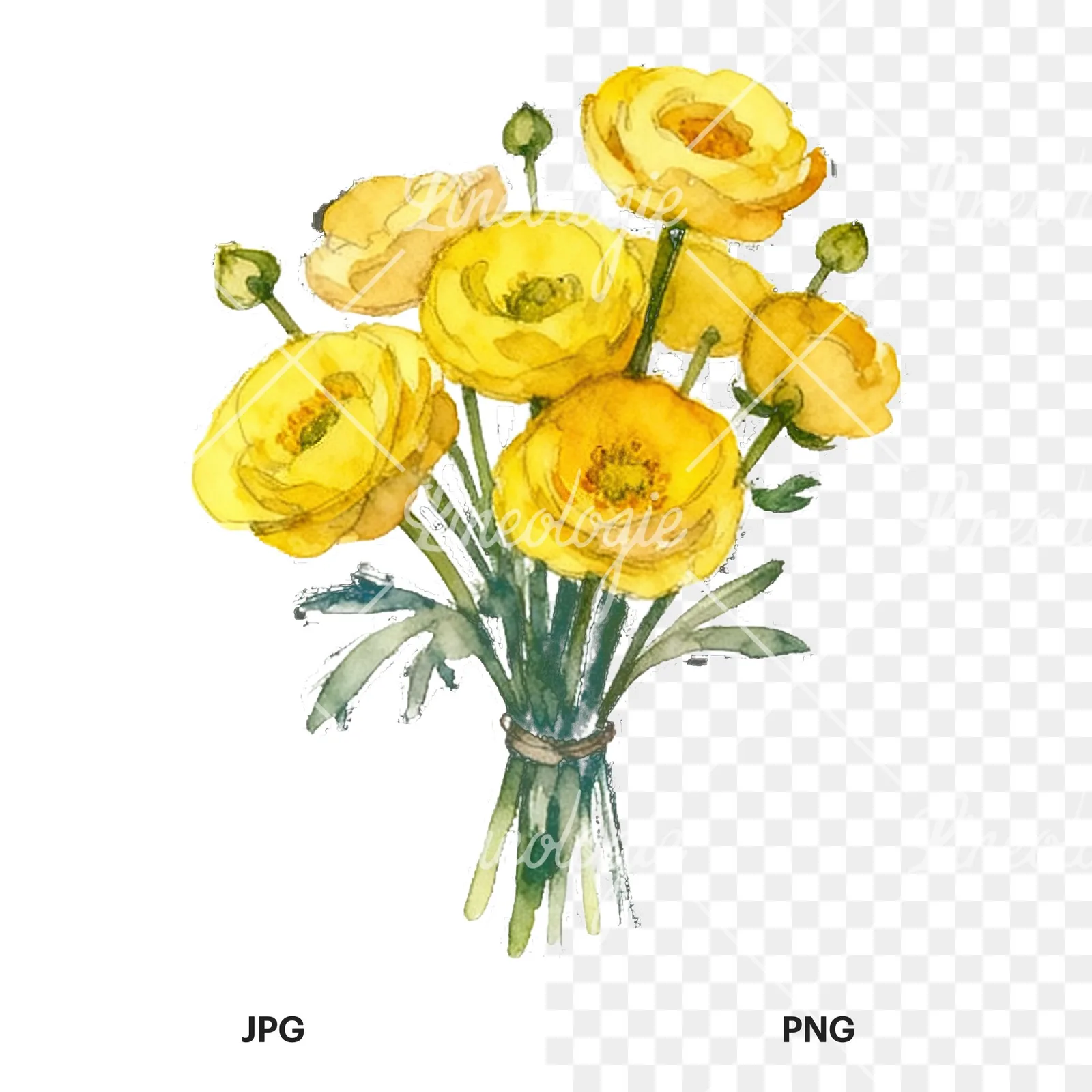 Watercolor yellow buttercup bouquet clipart 7 of 9, as a JPG on white and a transparent PNG
