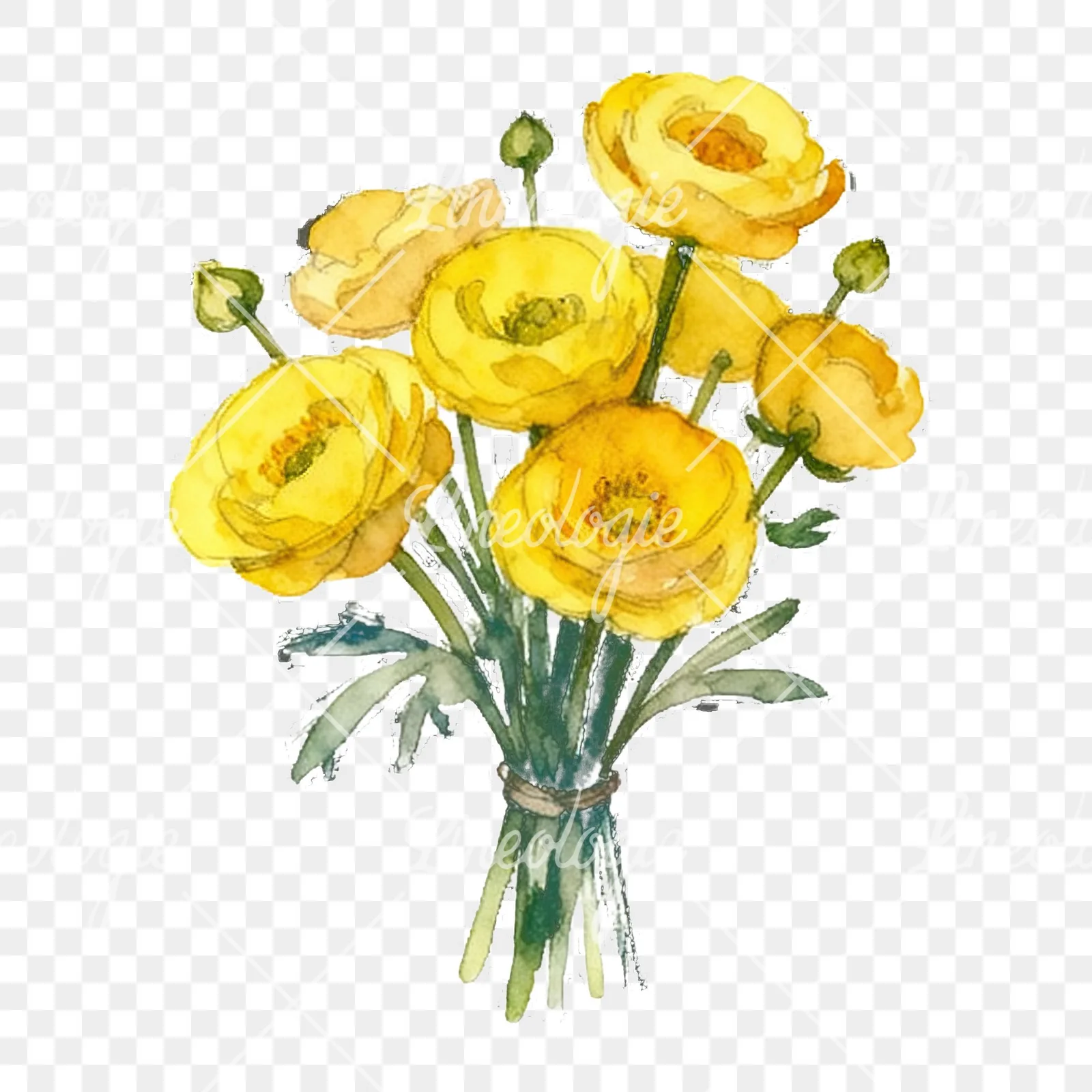Watercolor yellow buttercup bouquet clipart 7 of 9 on a transparent background (PNG)