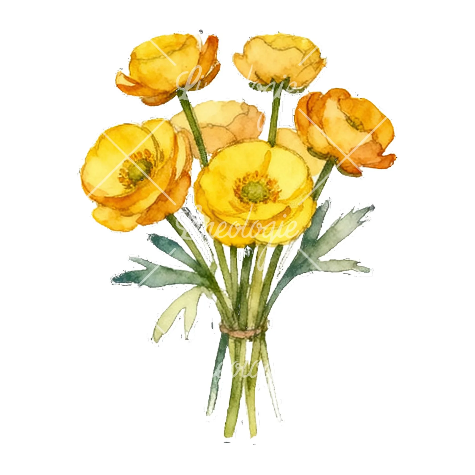 Watercolor yellow buttercup bouquet clipart 8 of 9 on a white background (JPG)