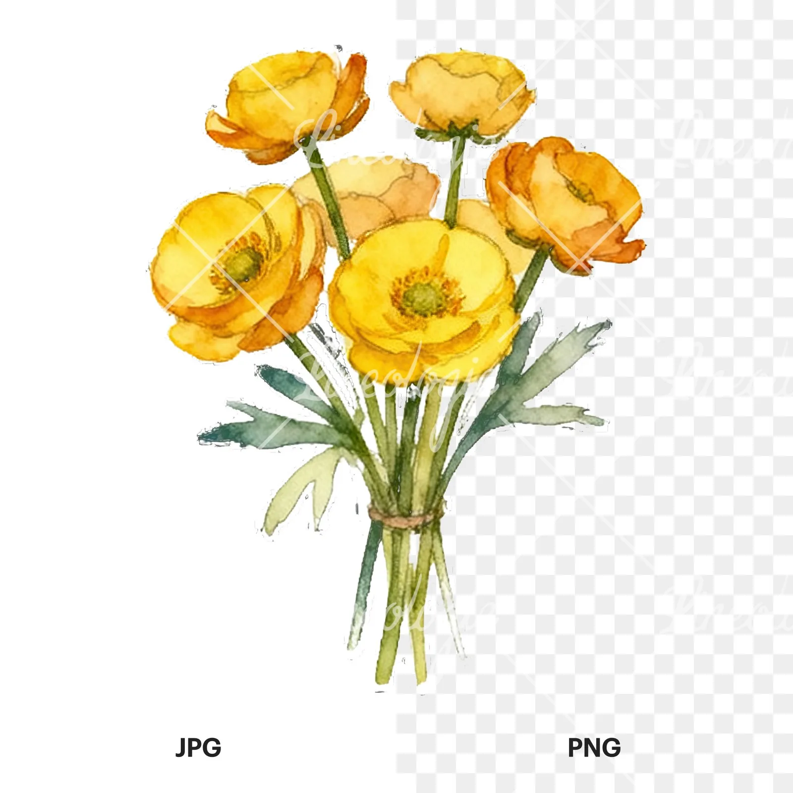Watercolor yellow buttercup bouquet clipart 8 of 9, as a JPG on white and a transparent PNG