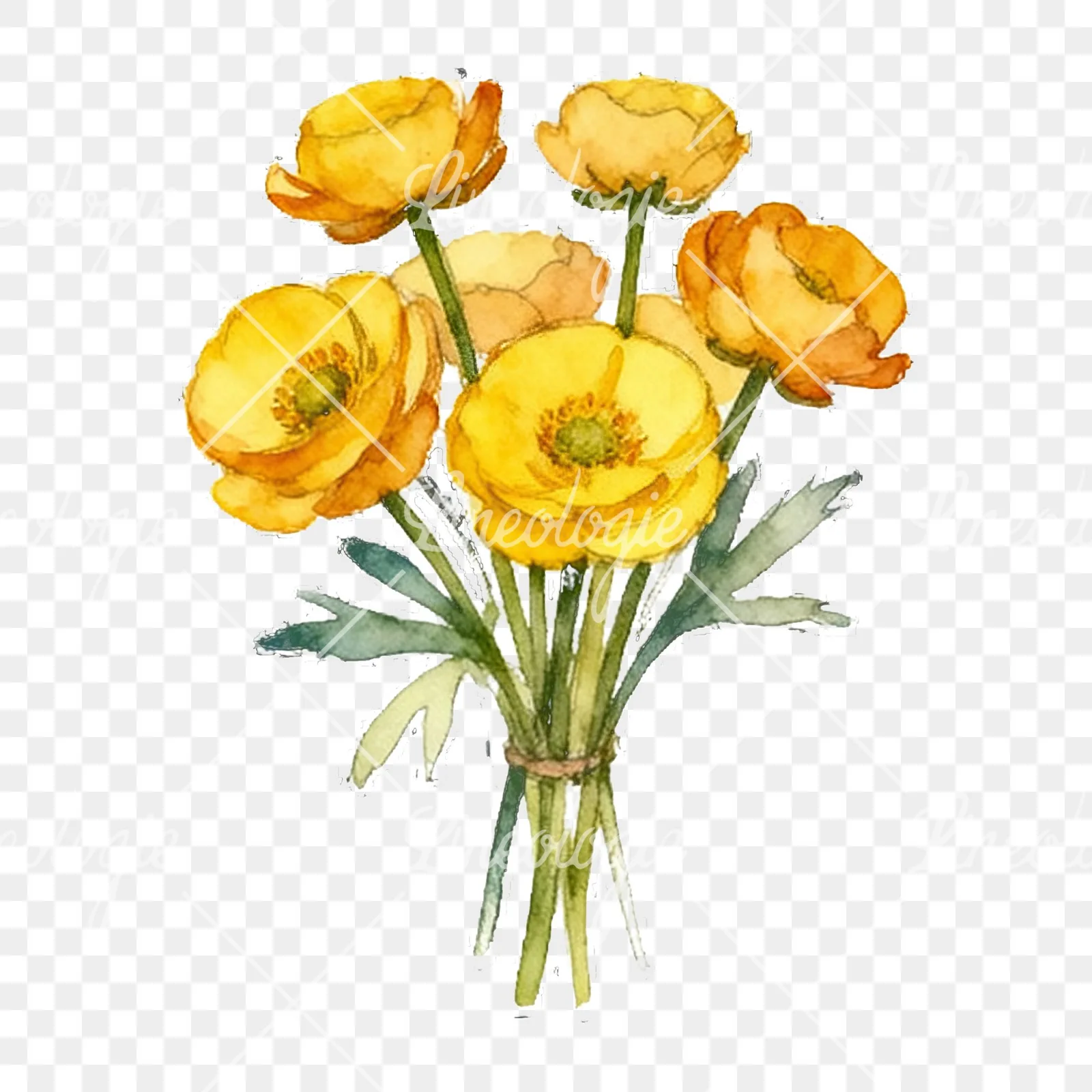 Watercolor yellow buttercup bouquet clipart 8 of 9 on a transparent background (PNG)
