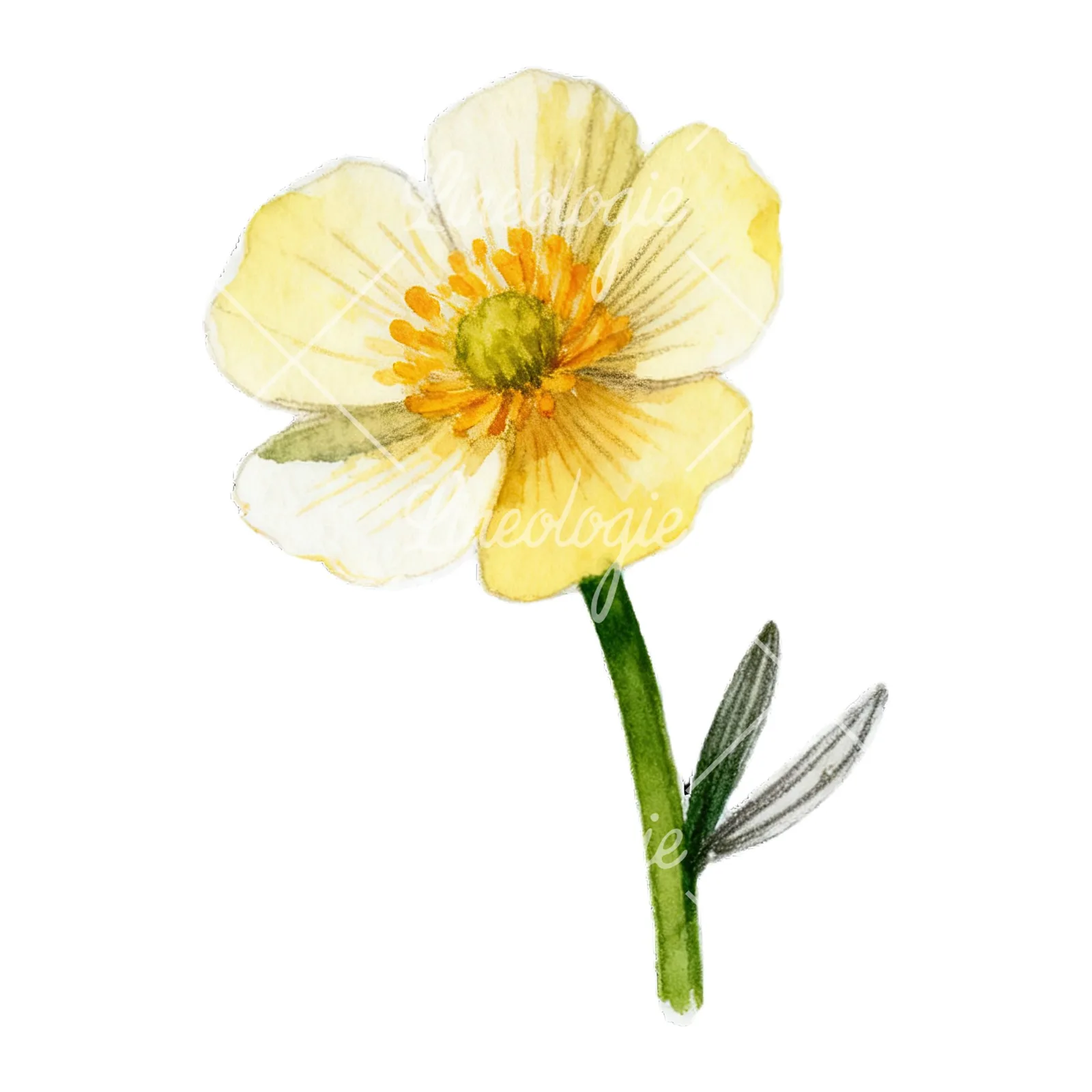 Watercolor buttercup with leaves clipart 4 of 9 on a white background (JPG)