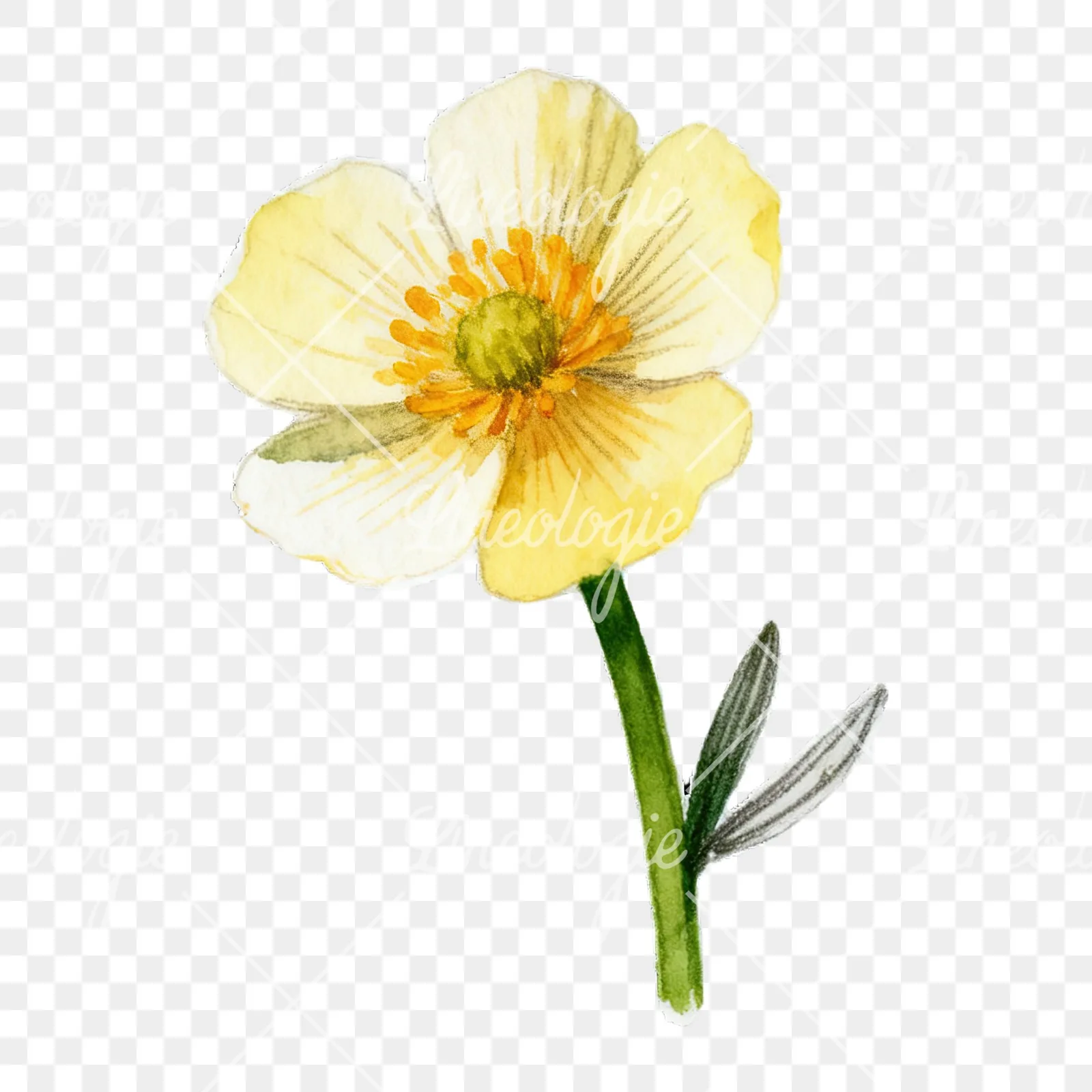 Watercolor buttercup with leaves clipart 4 of 9 on a transparent background (PNG)