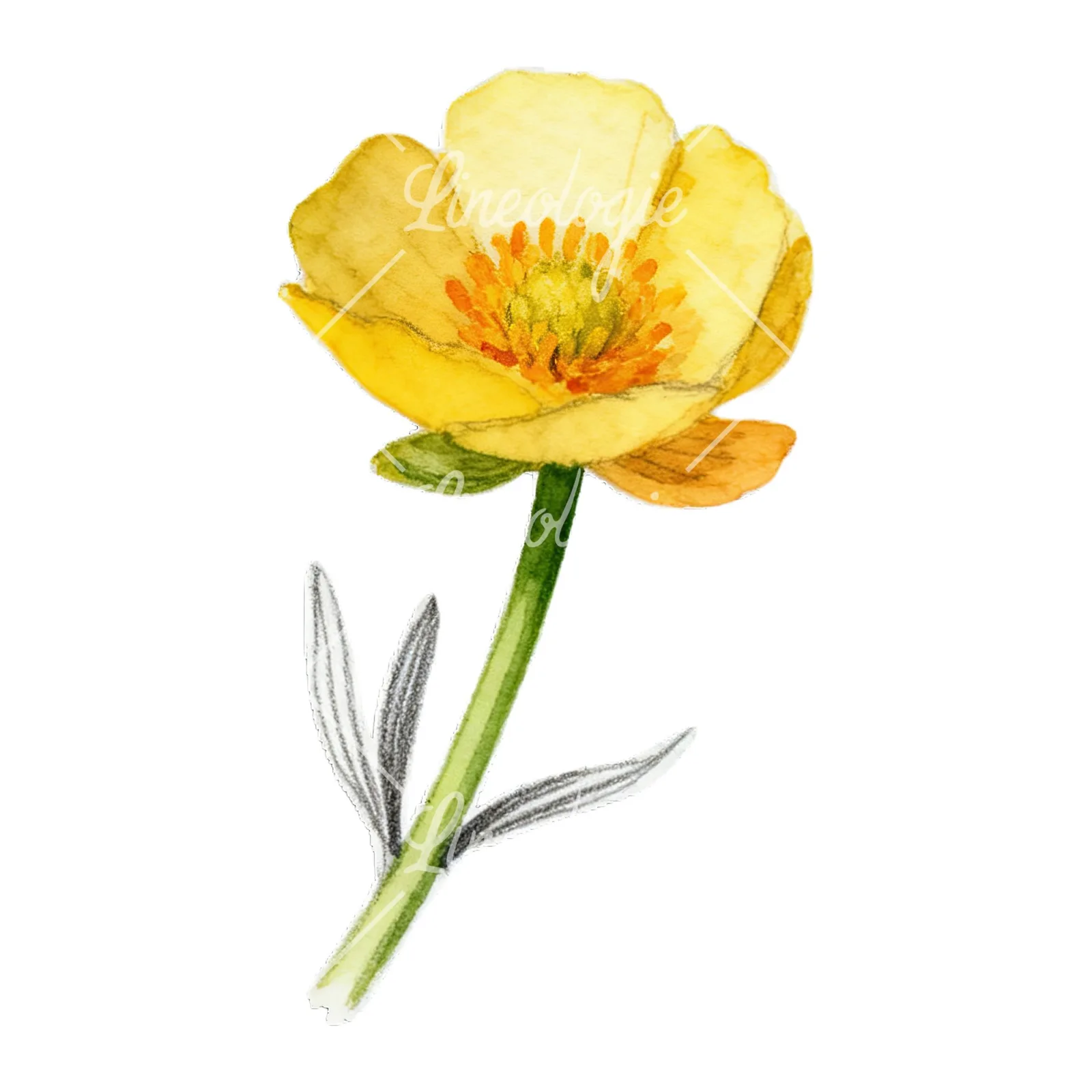 Watercolor buttercup with leaves clipart 7 of 9 on a white background (JPG)