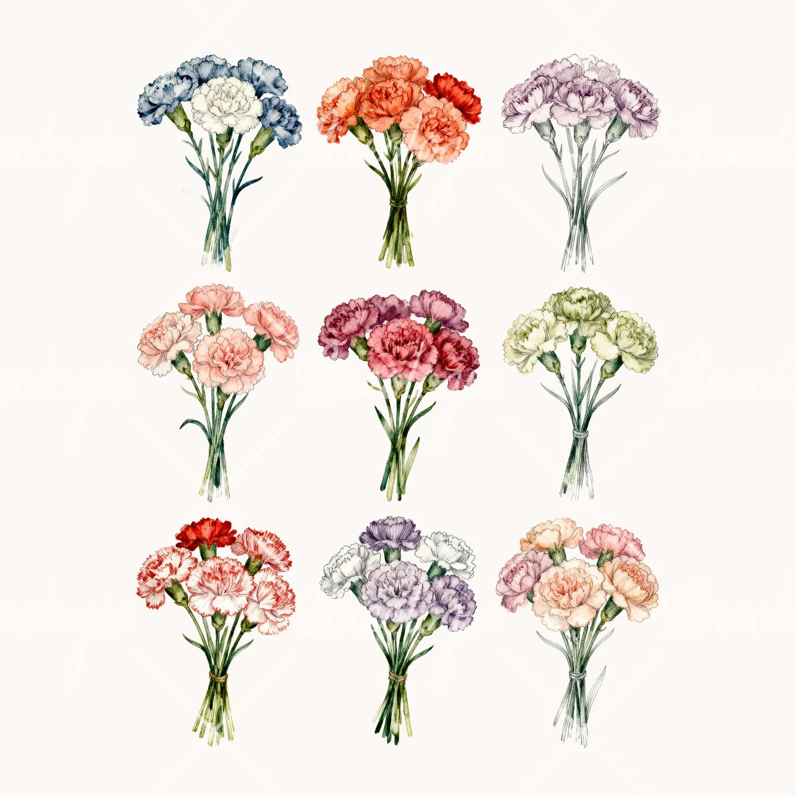 Watercolor Multicolor Carnation Bouquet Clipart, all 9 illustrations in the pack