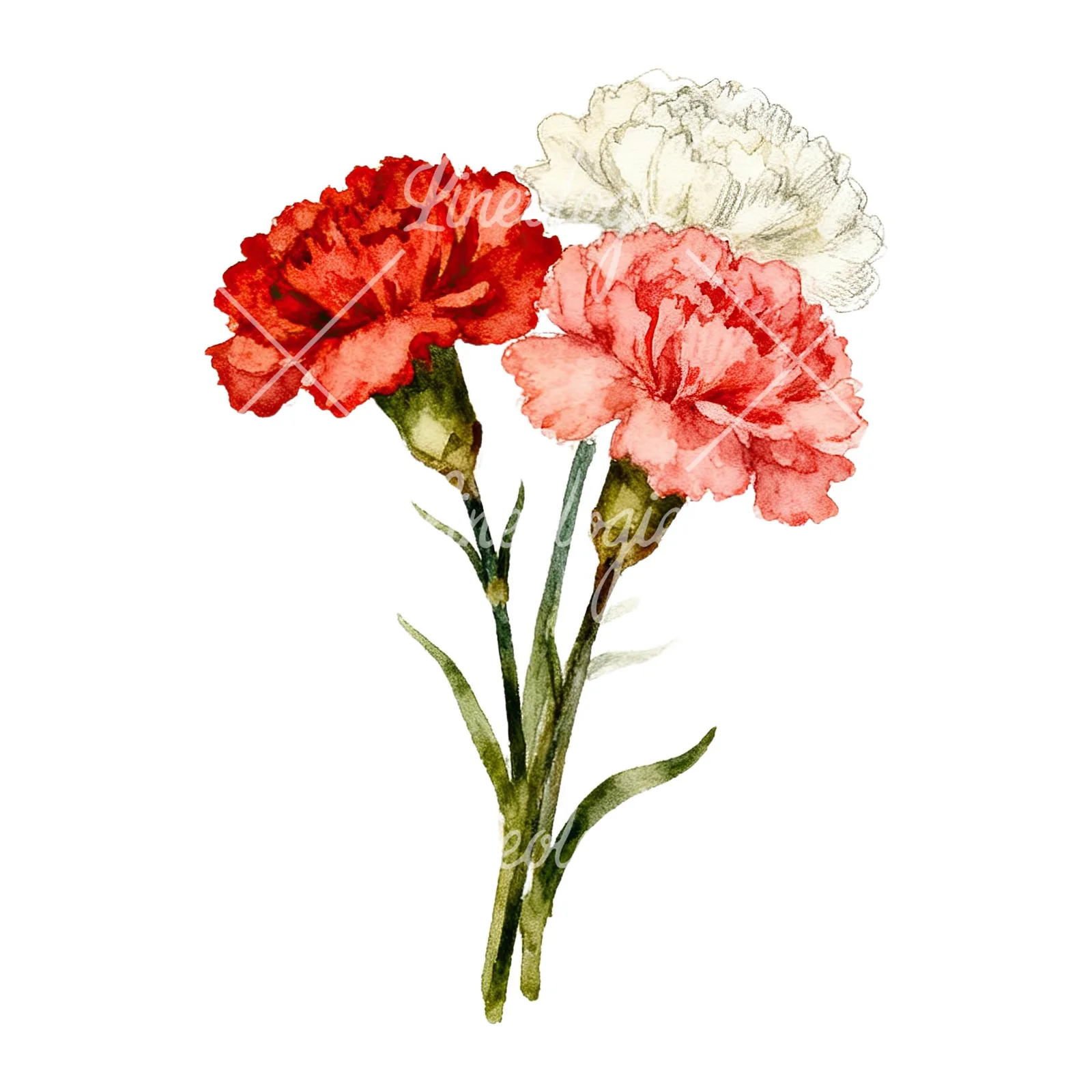 Watercolor carnation bouquet with white blooms clipart 2 of 9 on a white background (JPG)