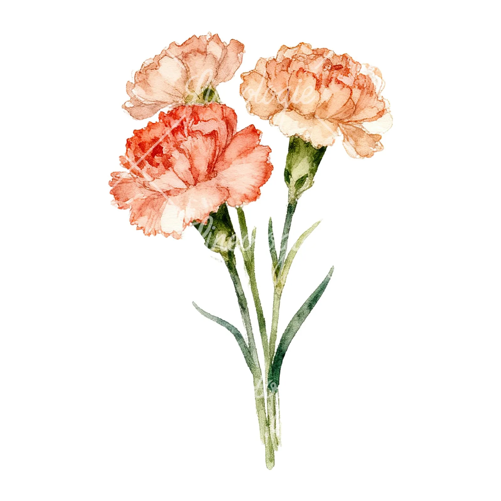 Watercolor carnation bouquet with white blooms clipart 3 of 9 on a white background (JPG)