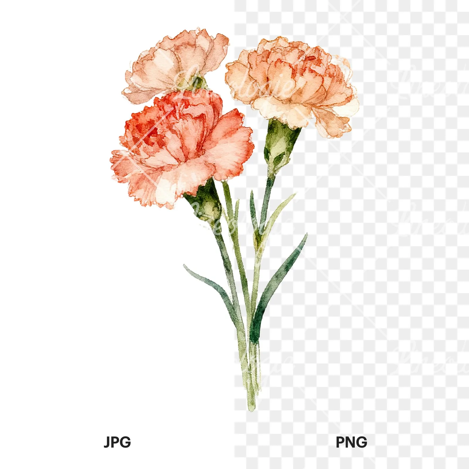 Watercolor carnation bouquet with white blooms clipart 3 of 9, as a JPG on white and a transparent PNG