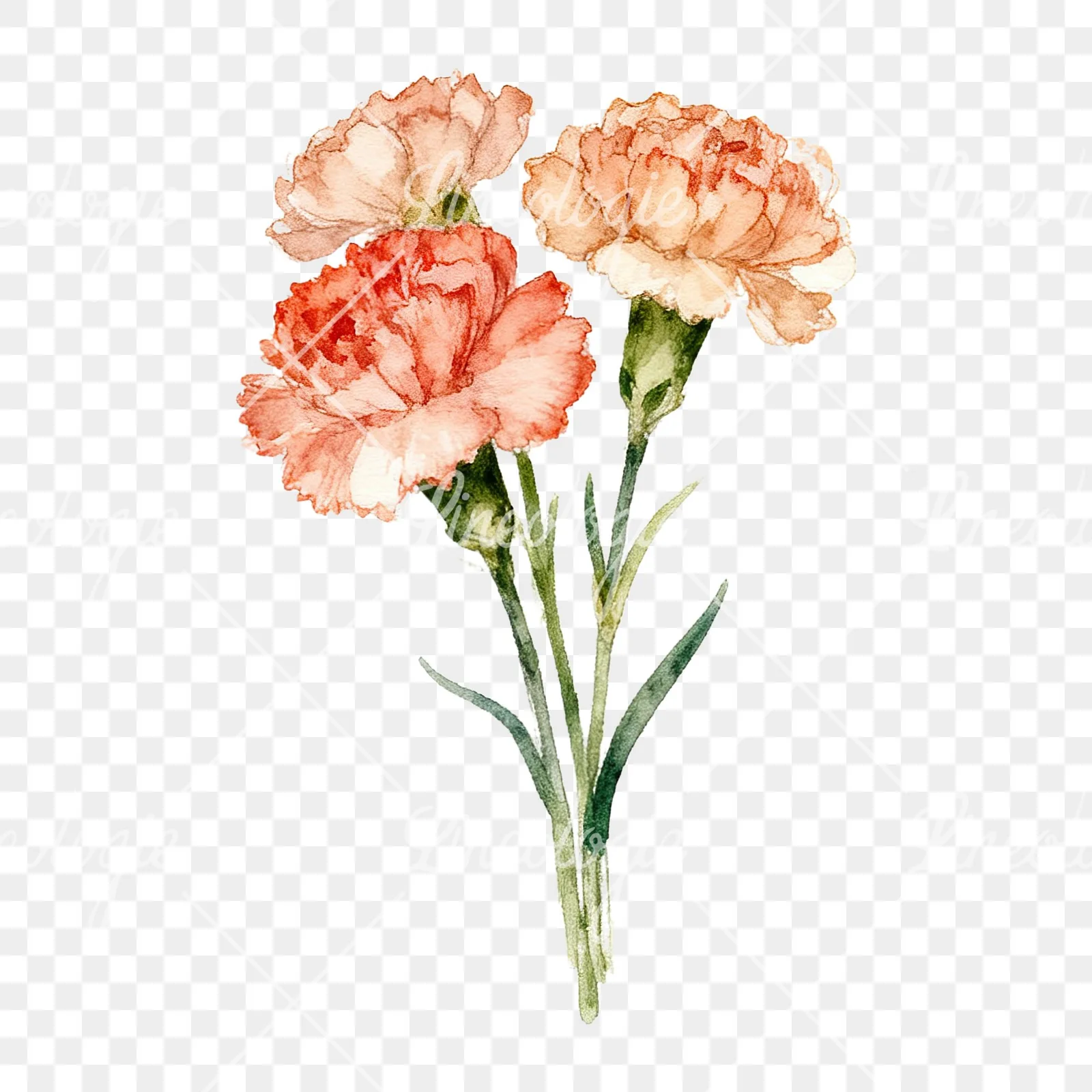 Watercolor carnation bouquet with white blooms clipart 3 of 9 on a transparent background (PNG)