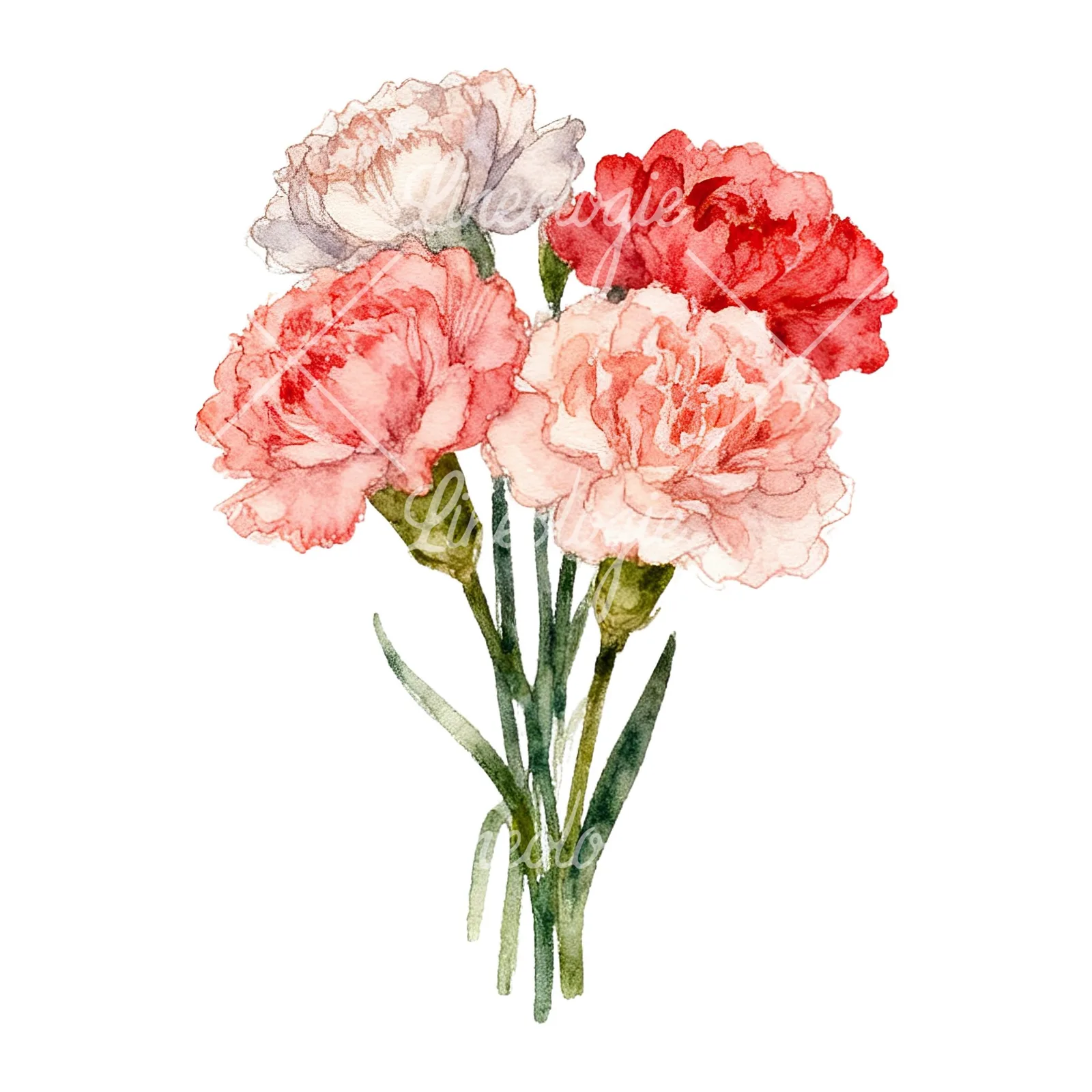 Watercolor carnation bouquet with white blooms clipart 4 of 9 on a white background (JPG)