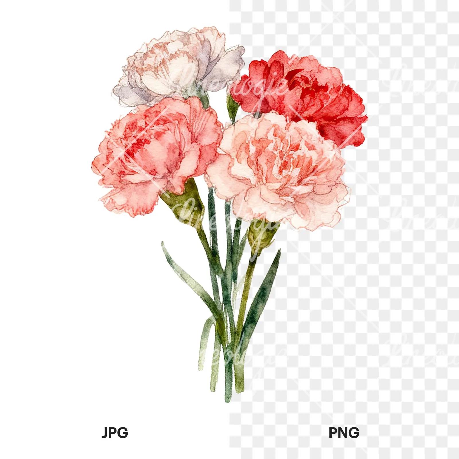 Watercolor carnation bouquet with white blooms clipart 4 of 9, as a JPG on white and a transparent PNG