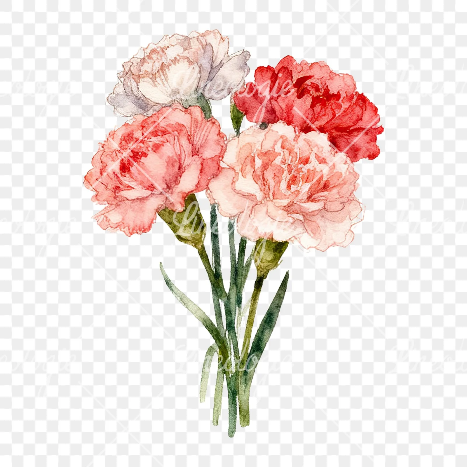 Watercolor carnation bouquet with white blooms clipart 4 of 9 on a transparent background (PNG)