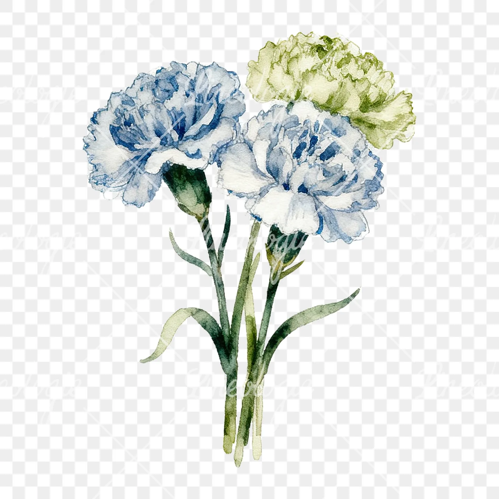Watercolor carnation bouquet with white blooms clipart 5 of 9 on a transparent background (PNG)