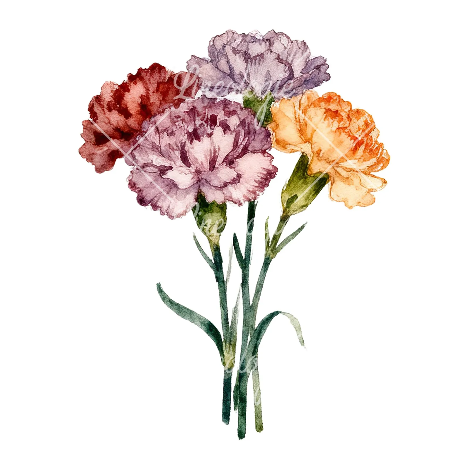 Watercolor carnation bouquet with white blooms clipart 6 of 9 on a white background (JPG)